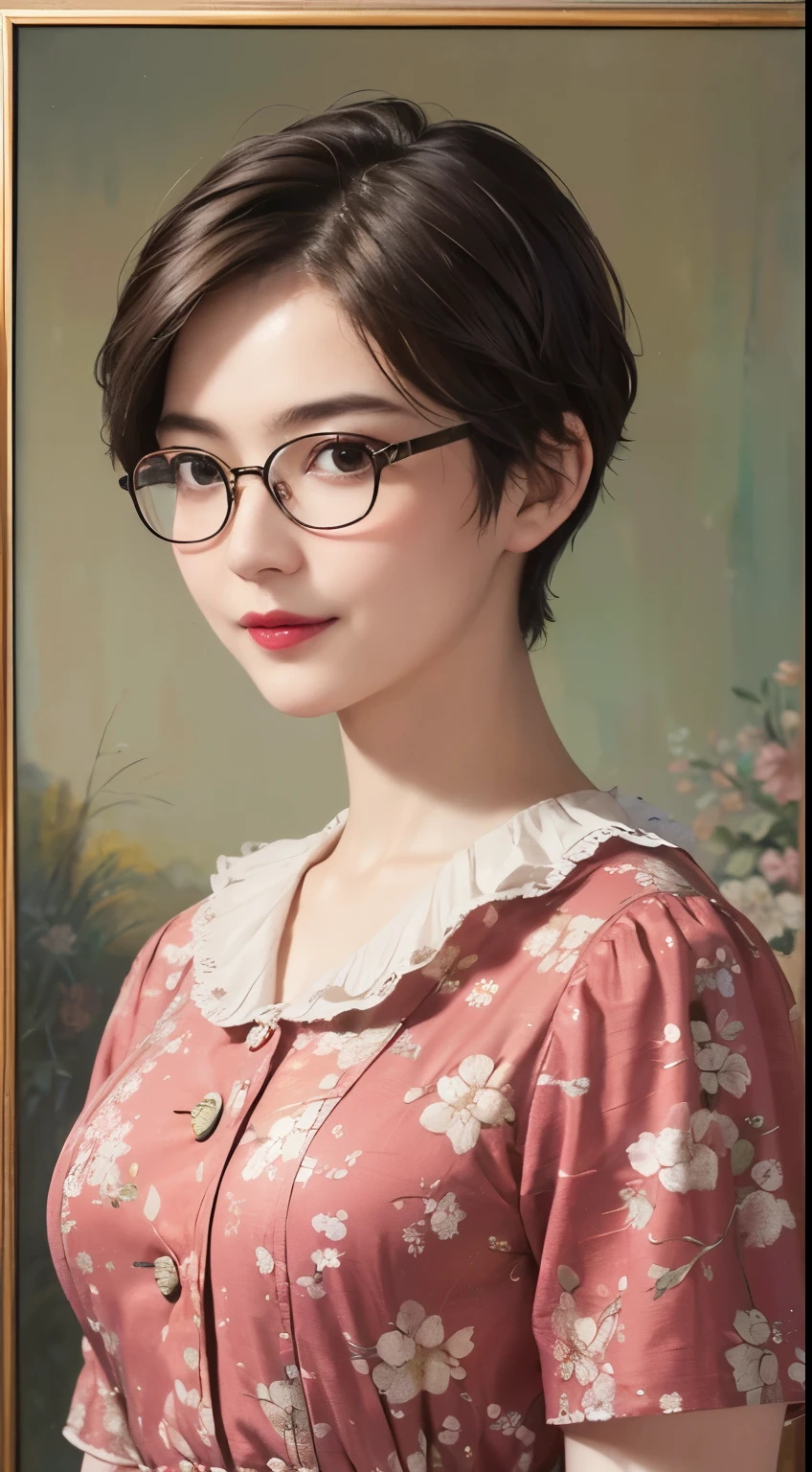 138
(a 20 yo woman,draw a self-portrait), (A hyper-realistic), (high-level image quality), ((beautiful hairstyle 46)), ((short-hair:1.46)), (Gentle smile), (breasted:1.46), (lipsticks), (wears glasses,wide,a room), (florals), (an oil painting、Rembrandt)