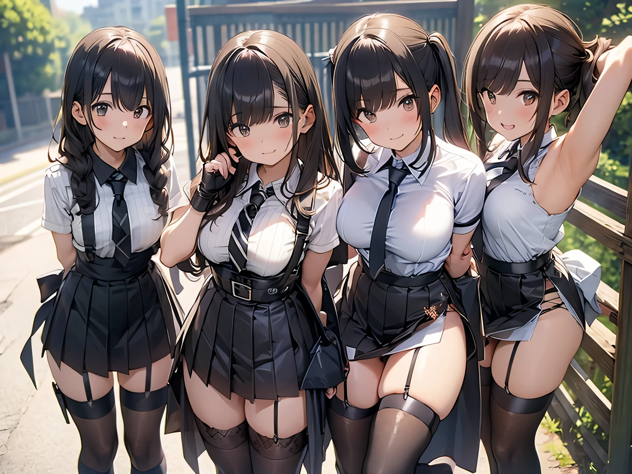 Brown hair、watching at viewers　　　black suspenders　　　bulging big tits　　 　 　　　walls: 　Black miniskirt　garters　　　　　　Gaze　　　a small face　bangss 　　　holster　　　Beautuful Women　　Hands up　　レッグholster ベッドに横たわる　　Gaze 　black boots panty shot　Provocation　flank　flank汗　Soio 　arms are