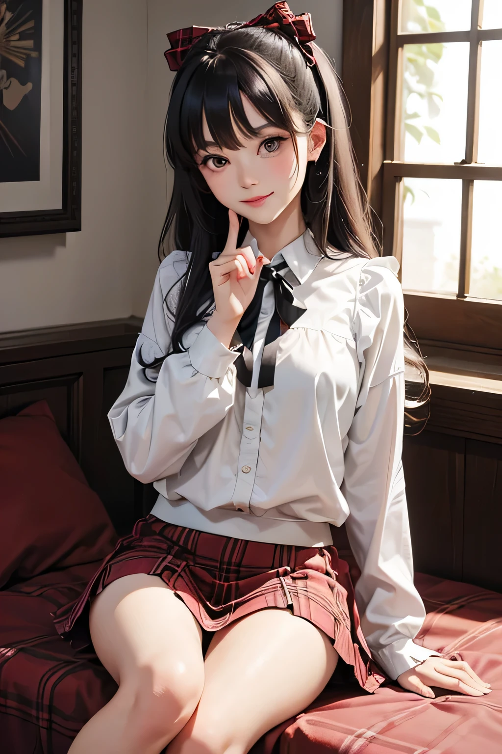 Very cute and beautiful girl,(very detailed beautiful face and eyes:1.2),(Smile:1.2),Cowboy Shot,
(white blouse with small frills),Long sleeve BREAK sitting on white bed sheets,Detailed legs,zettai ryouiki,
Dynamic Angle,Hair Ribbon,Black hair,hime-cut,(scarlet plaid miniskirt)
BREAK antique bedroom,plush furnishings,
(Best Quality,masutepiece:1.2),(Intricate details),Extremely detailed,hight resolution,
Solo,Cinematic scene,Hair fluttering in the wind,