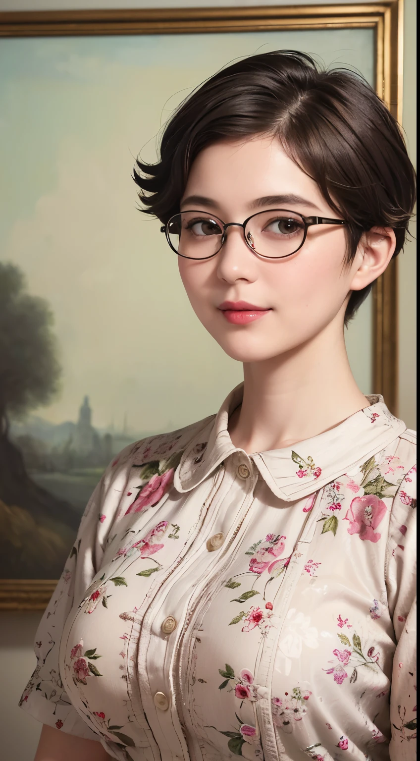 138
(a 20 yo woman,draw a self-portrait), (A hyper-realistic), (high-level image quality), ((beautiful hairstyle 46)), ((short-hair:1.46)), (Gentle smile), (breasted:1.46), (lipsticks), (wears glasses,wide,a room), (florals), (an oil painting、Rembrandt)