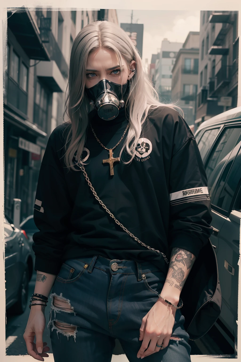 Eminem, his signature long, messy hair framing his face, his piercing, intense eyes peering through the gothic-inspired gas mask that covers the lower half of his face. The mask, adorned with intricate designs and a skull motif, is a striking contrast to his pale skin, accentuating the dark circles under his eyes. He wears a black long-sleeved shirt, buttoned all the way up to his neck, revealing a silver chain adorned with a cross pendant hanging prominently. His pants are tight-fitting, black denim jeans, and he sports white sneakers with black laces. The background is a deep shade of red, almost like blood, with a dark, ominous atmosphere, adding to the gothic feel of the portrait. Overall, the image portrays Eminem as both intimidating and melancholic, his gothic gas mask serving as a symbol of his complex identity and the struggles he's faced throughout his career.