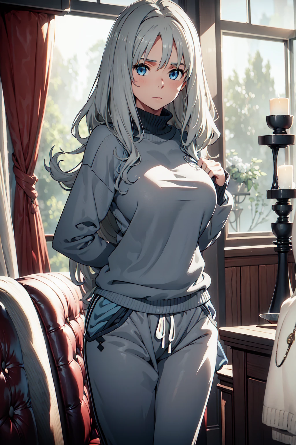 Meisterwerk,Atemberaubend realistisch, best quality, Sharpness, kokoro,1 girl,grey hair,blue eyes,large boobs,standing in a livingroom, arms behind back, grey oversized sweater,frey oversized sweatpants