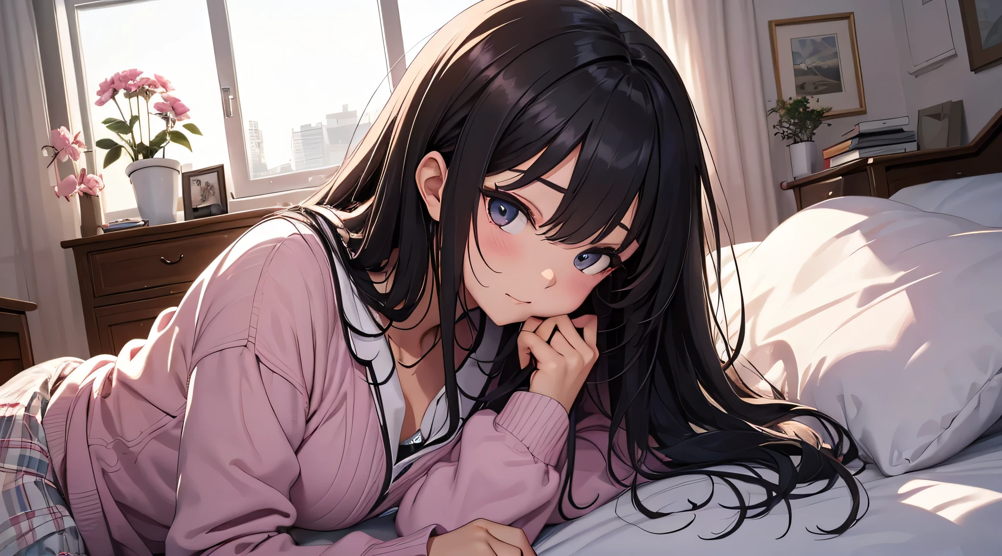top-quality、Top image quality、masterpiece、Teenage girl((Black pajamas、18year old、 Ager、Best Bust、big bast,Black eyes, Black hair、A slender,Large valleys、Gal style、床futon beddingの上で寝そべる、embarassed face、dye one's cheeks red、Leaning forward)),hiquality、Beautiful Art、Background with((Nice and clean room.、futon bedding、animal stuffed、pink walls))masterpiece、depth of fields,Cinematic style