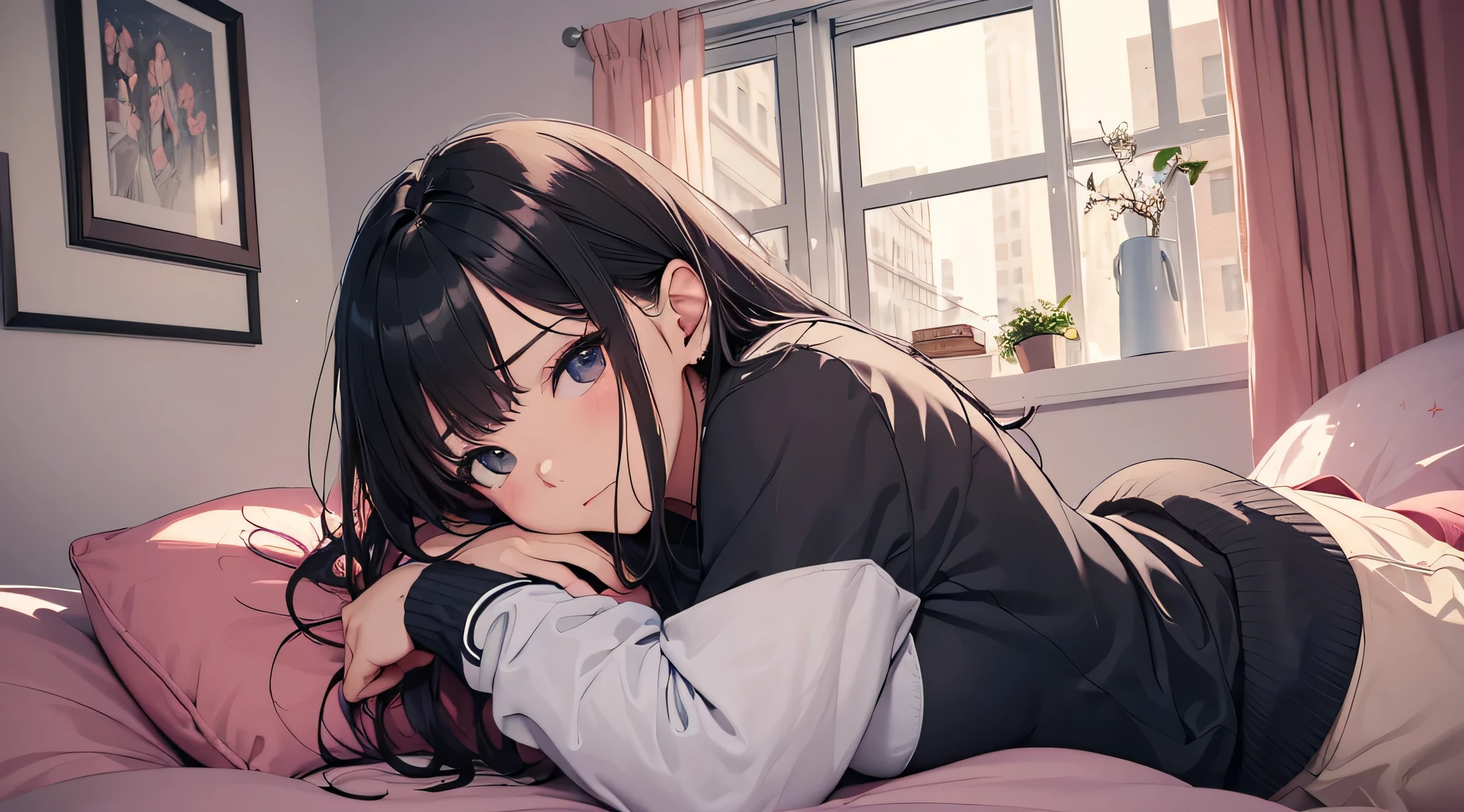 top-quality、Top image quality、​masterpiece、Teenage girl((Black pajamas、18year old、 Ager、Best Bust、big bast,Black eyes, Black hair、A slender,Large valleys、Gal style、床futon beddingの上で寝そべる、embarassed face、dye one's cheeks red、Leaning forward)),hiquality、Beautiful Art、Background with((Nice and clean room.、futon bedding、animal stuffed、pink walls))​masterpiece、depth of fields,Cinematic style