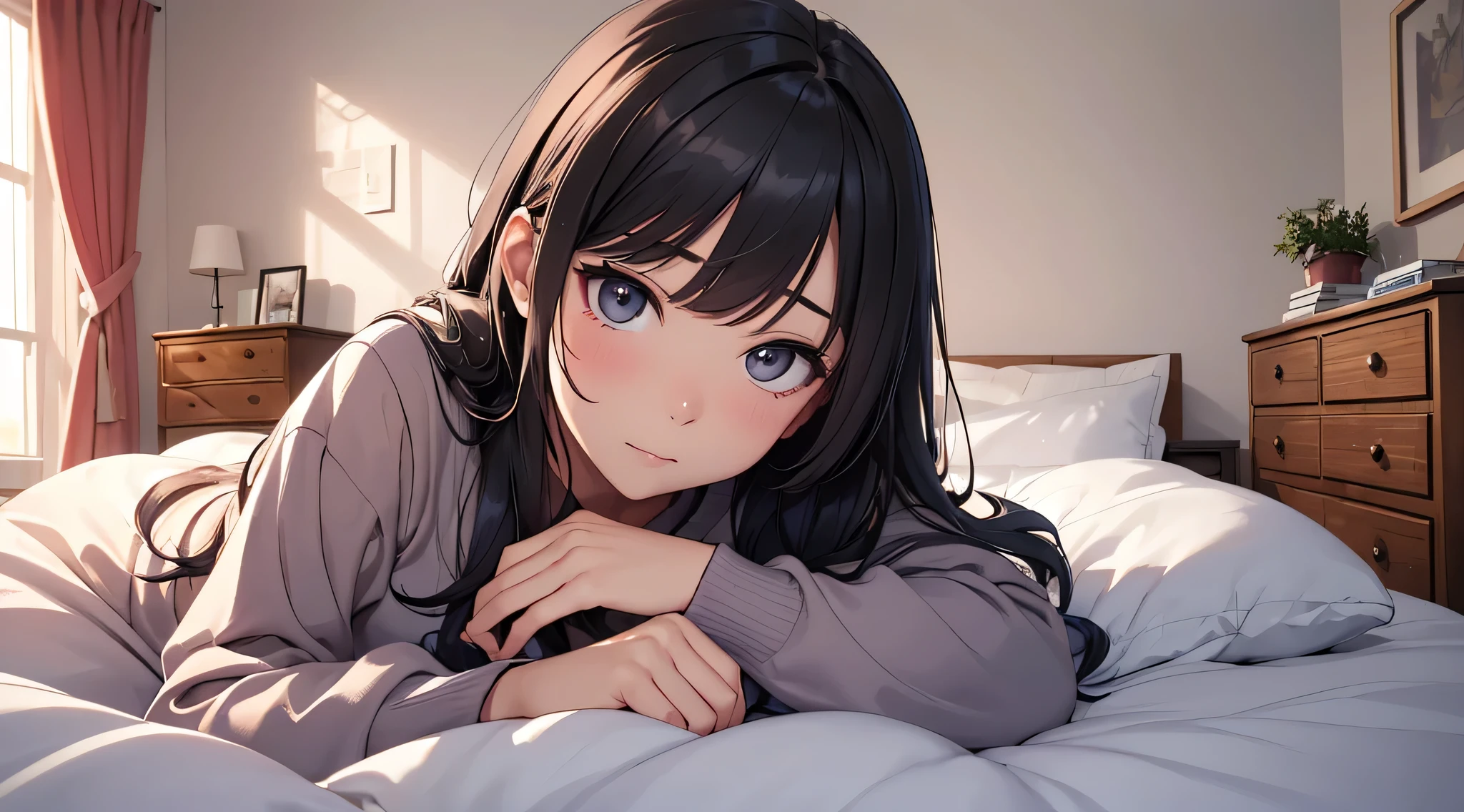 top-quality、Top image quality、masterpiece、age girl((Black pajamas、18year old、 Ager、Best Bust、big bast,Black eyes, Black hair、A slender,Large valleys、Gal style、床futon beddingの上で寝そべる、embarassed face、dye one's cheeks red、Leaning forward)),hiquality、Beautiful Art、Background with((Nice and clean room.、futon bedding、animal stuffed、pink walls))masterpiece、depth of fields,Cinematic style