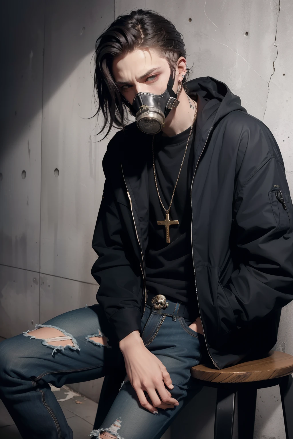 Eminem, his signature long, messy hair framing his face, his piercing, intense eyes peering through the gothic-inspired gas mask that covers the lower half of his face. The mask, adorned with intricate designs and a skull motif, is a striking contrast to his pale skin, accentuating the dark circles under his eyes. He wears a black long-sleeved shirt, buttoned all the way up to his neck, revealing a silver chain adorned with a cross pendant hanging prominently. His pants are tight-fitting, black denim jeans, and he sports white sneakers with black laces. The background is a deep shade of red, almost like blood, with a dark, ominous atmosphere, adding to the gothic feel of the portrait. Overall, the image portrays Eminem as both intimidating and melancholic, his gothic gas mask serving as a symbol of his complex identity and the struggles he's faced throughout his career.