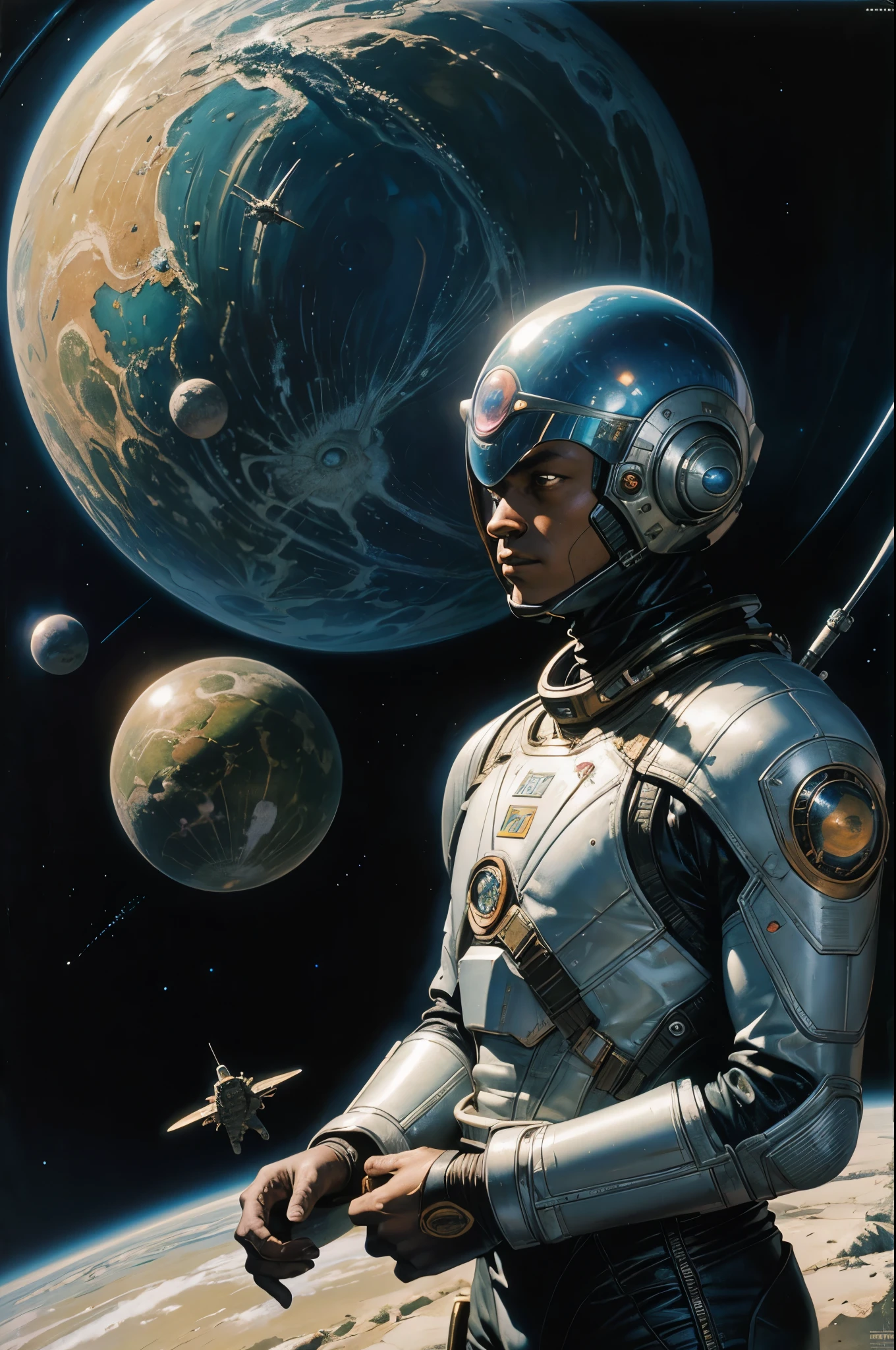 painting of a man in a space suit standing in front of a planet, an airbrush painting inspired by Peter Elson, tumblr, afrofuturism, wayne douglas barlowe, vintage sci - fi art, 1 9 8 0 s sci - fi cover art, Stanislaw Szukalski + moebius, enki bilal style, 7 0 s sci - fi art
