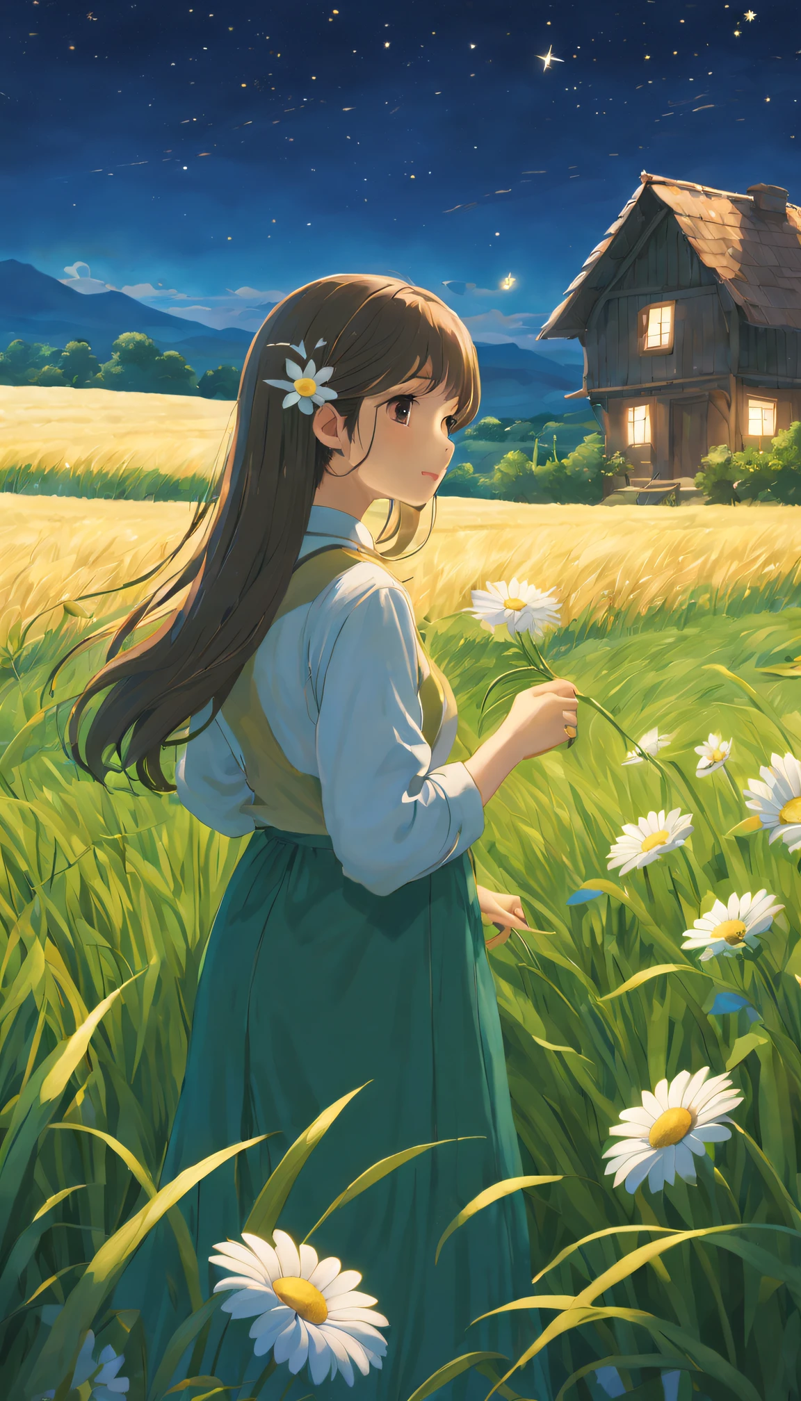 Ghibli animation style,magnificent landscape painting,natta,Farm life,Girl scene with a flower in her hair,natural,Green house,Tano,cropper,Qianqian,abundance,Lavora,tools,Industrious farmer,abundance的水果和蔬菜,Farm animals eating grass with satisfaction,Picturesque countryside,peaceful,peaceful,satisfy,satisfy,moonlit sky,Grass swaying in the breeze,Stars twinkle overhead,Fireflies are flying around,Night wind whispers,peaceful而田园的环境,subtle bluish-purple hue,Subtle warm colors,Ethereal and dreamy atmosphere,A faint floral scent,Farmland stretches into the distance,Wheat fields swaying gently,night adventure,Magical and charming atmosphere。(Best quality at best,4K,8K,A high resolution,tmasterpiece:1.2),ultra - detailed.
