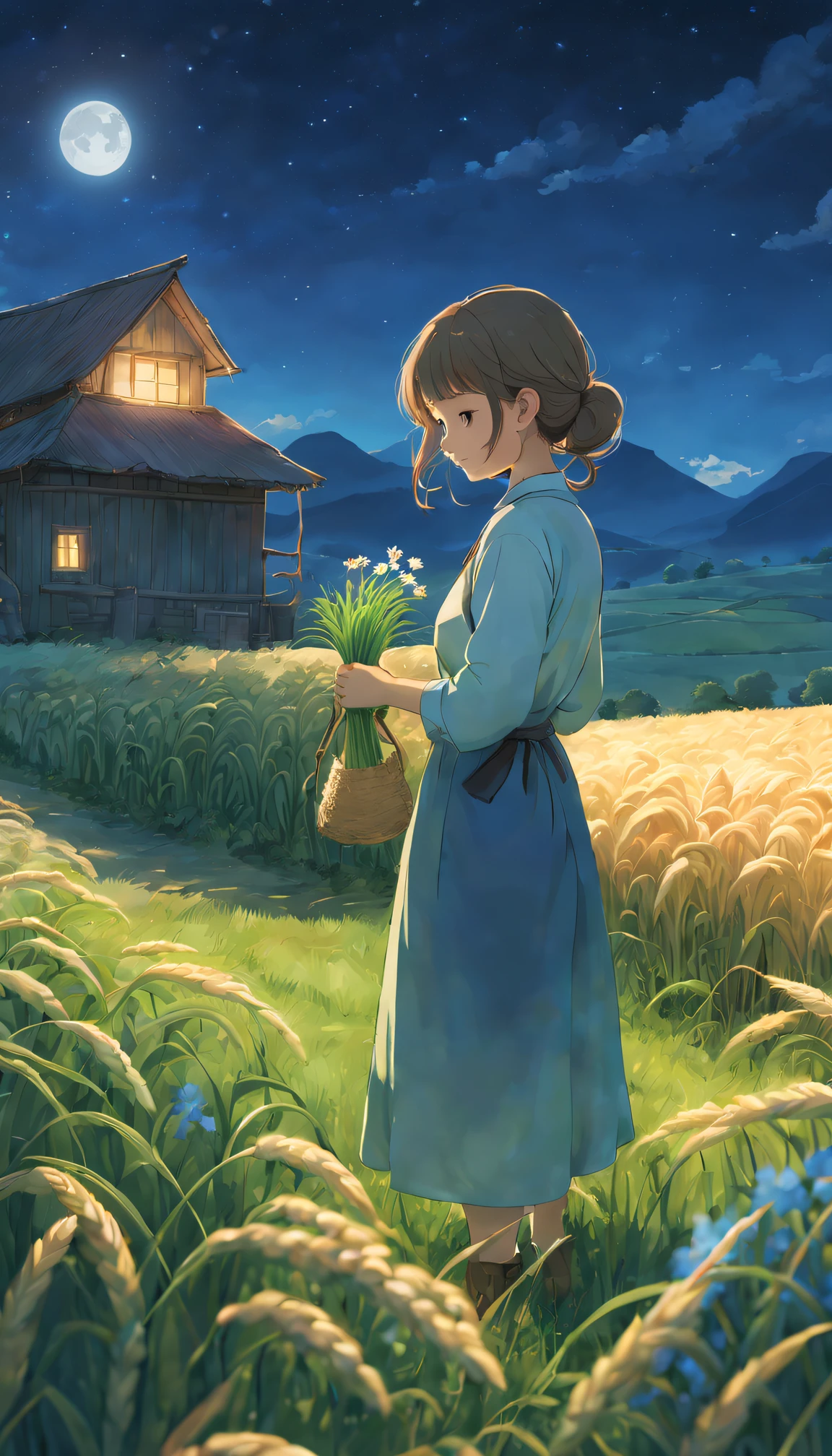 Ghibli animation style，magnificent landscape painting，natta，Farm life，Girl scene with a flower in her hair，natural，Green house，Tano，cropper，Qianqian，abundance，Lavora，tools，Industrious farmer，abundance的水果和蔬菜，Farm animals eating grass with satisfaction，Picturesque countryside，peaceful，peaceful，satisfy，satisfy，moonlit sky，Grass swaying in the breeze，Stars twinkle overhead，Fireflies are flying around，Night wind whispers，peaceful而田园的环境，subtle bluish-purple hue，Subtle warm colors，Ethereal and dreamy atmosphere，A faint floral scent，Farmland stretches into the distance，Wheat fields swaying gently，night adventure，Magical and charming atmosphere。(Best quality at best,4K,8K,A high resolution,tmasterpiece:1.2),ultra - detailed.