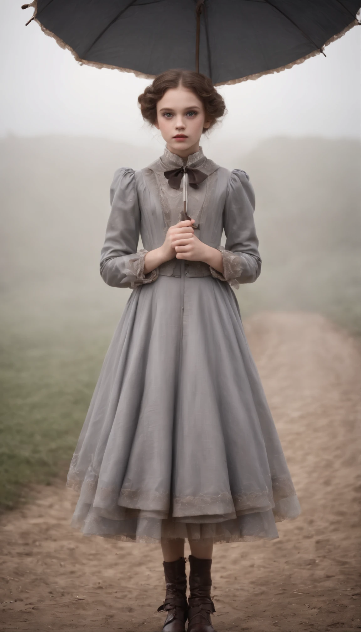 Lowbrow art, r old nch Victorian girl walking a tight rope holding umbrella in the air in a Misty gray void. Wide forehead, almond shaped eyes, small round ears, rosy lips and cheeks, translucent skin, wispy hair, blush and copper Versace circus outfit, Versace shoes. Dark lit circus tent in background. Victorian style