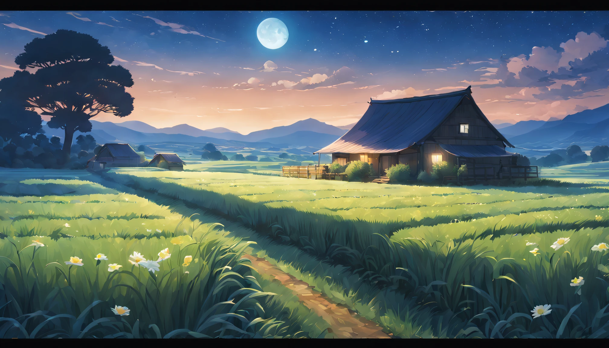Ghibli animation style,magnificent landscape painting,natta,Farm life,Girl scene with a flower in her hair,natural,Green house,Tano,cropper,Qianqian,abundance,Lavora,tools,Industrious farmer,abundance的水果和蔬菜,Farm animals eating grass with satisfaction,Picturesque countryside,peaceful,peaceful,satisfy,satisfy,moonlit sky,Grass swaying in the breeze,Stars twinkle overhead,Fireflies are flying around,Night wind whispers,peaceful而田园的环境,subtle bluish-purple hue,Subtle warm colors,Ethereal and dreamy atmosphere,A faint floral scent,Farmland stretches into the distance,Wheat fields swaying gently,night adventure,Magical and charming atmosphere。(Best quality at best,4K,8K,A high resolution,tmasterpiece:1.2),ultra - detailed.