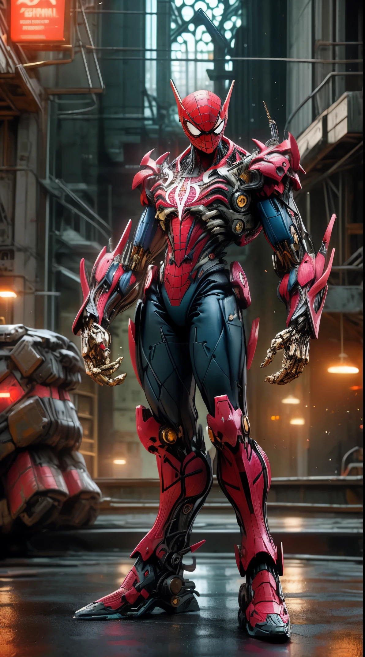 grim portrait of spiderman from Marvel, with intricately angled cybernetic implants inside a brutalist building, gothic brutalist cathedral, cyberpunk, award-winning photo, bokeh, neon lights, cybernetic limbs, full body