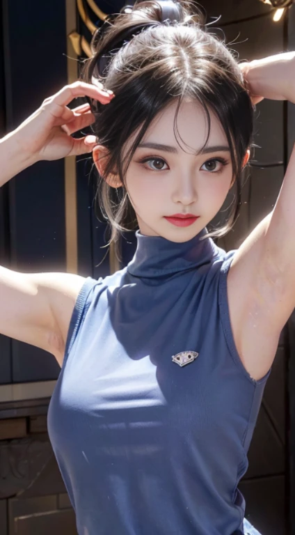 ((There are many wrinkles in the armpits、Show underarms、Armpit、Detailed armpit wrinkles、Dark armpit color、Detailed armpit wrinkles、detailed skin textures、Raise your hand to show your armpits、Armpit、Sleeveless sweater、Dark blue high neck Sleeveless sweater))、realisitic、Photorealsitic:1.37)、(8K、Raw photography、top-quality、​masterpiece:1.2)、cute little、ultra-detailliert、Heart-shaped pupil、physically-based renderingt、超A high resolution、Kodak Vision Color、Captured with an Arricam LT camera、bokeh dof、foco nítido、
looking at viewerer、Photorealsitic、realisitic、独奏、Photorealsitic、top-quality、extra detailed face、extremely detailed eye and face、beatiful detailed eyes、absurderes、信じられないほどabsurderes、haunting smile、high-ponytail Hairstyle、upper body closeup