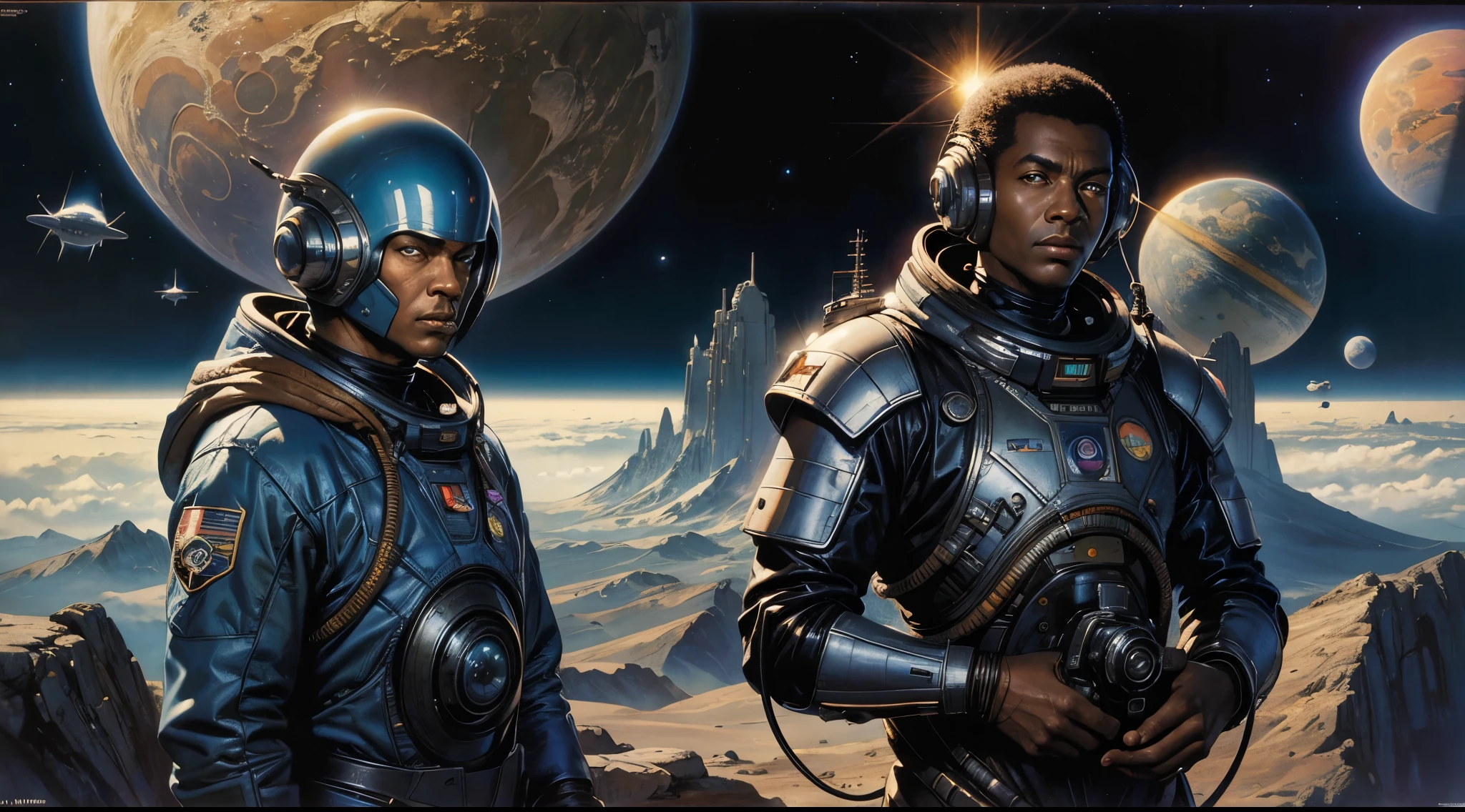 painting of a man in a space suit standing in front of a planet, an airbrush painting inspired by Peter Elson, tumblr, afrofuturism, wayne douglas barlowe, vintage sci - fi art, 1 9 8 0 s sci - fi cover art, Stanislaw Szukalski + moebius, enki bilal style, 7 0 s sci - fi art