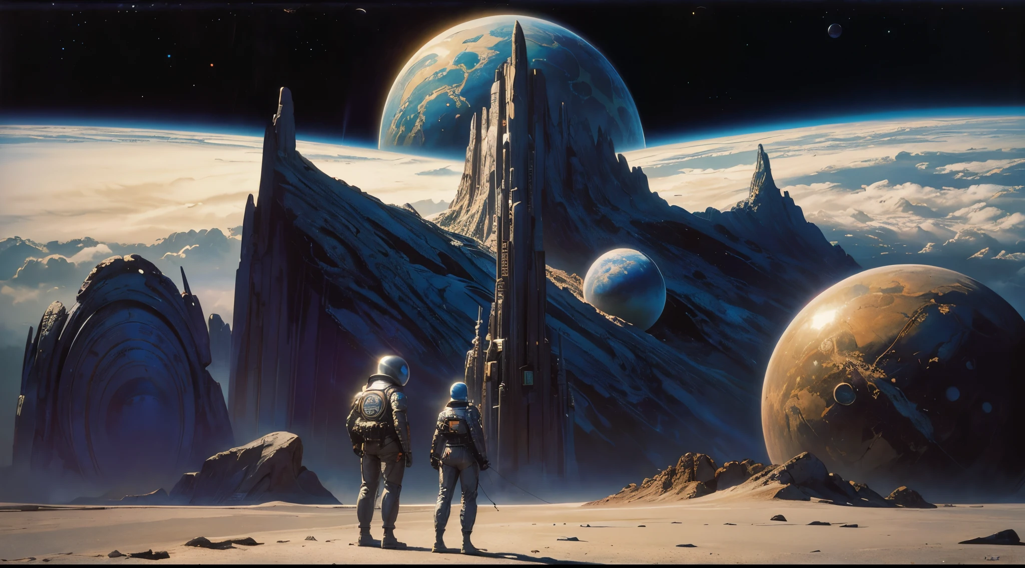 painting of a man in a space suit standing in front of a planet, an airbrush painting inspired by Peter Elson, tumblr, afrofuturism, wayne douglas barlowe, vintage sci - fi art, 1 9 8 0 s sci - fi cover art, Stanislaw Szukalski + moebius, enki bilal style, 7 0 s sci - fi art