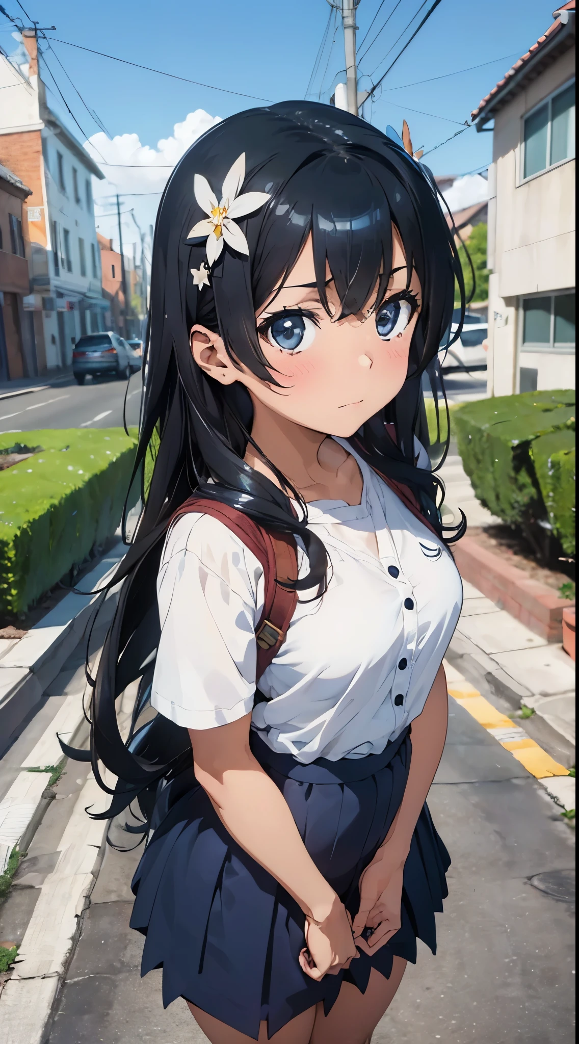 1womanl,Black hair,12year old ,((Impatient expression)),Beautiful breasts,(((Sexy magical girl white and blue shiny high-leg bodysuit)))(())(((Blushing cheeks、Surprised look)),(((Nariko Saten))),((( portlate))),We have blue eyelashes)))()Street,Crowds(magical girl hair ornament)