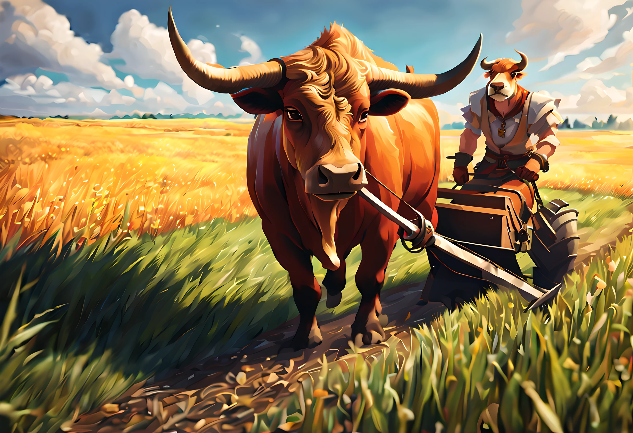 a picture of an (anthro ox: 1.4) pushing a plow in a the field, the sky are sunny, and there are light clouds, ultra wide shot, photorealistic, RAW, fantasy art, dnd art, fantasy art, realistic art, octane rendering, an ultra wide angle