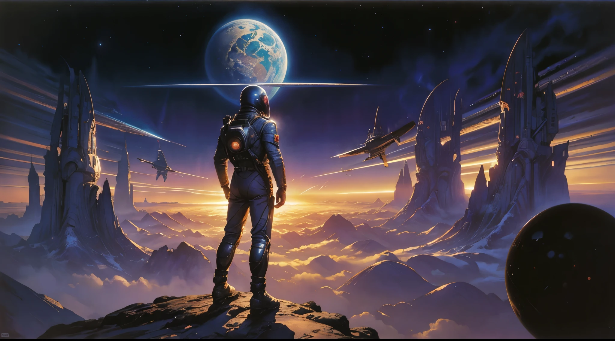 painting of a man in a space suit standing in front of a planet, an airbrush painting inspired by Peter Elson, Jim Burns, wayne douglas barlowe, vintage sci - fi art, 1 9 8 0 s sci - fi cover art, Stanislaw Szukalski + moebius, enki bilal style, 7 0 s sci - fi art