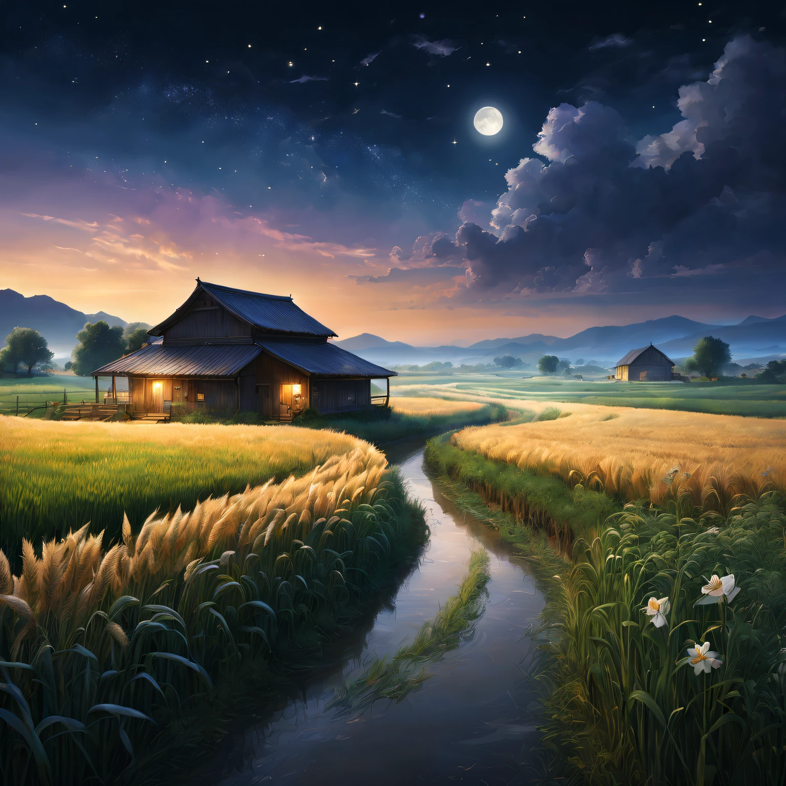 magnificent landscape painting，natta，Farm life，Girl scene with a flower in her hair，natural，Green house，Tano，cropper，Qianqian，abundance，Lavora，tools，Industrious farmer，abundance的水果和蔬菜，Farm animals eating grass with satisfaction，Picturesque countryside，peaceful，peaceful，satisfy，satisfy，moonlit sky，Grass swaying in the breeze，Stars twinkle overhead，Fireflies are flying around，Night wind whispers，peaceful而田园的环境，subtle bluish-purple hue，Subtle warm colors，Ethereal and dreamy atmosphere，A faint floral scent，Farmland stretches into the distance，Wheat fields swaying gently，night adventure，Magical and charming atmosphere。(Best quality at best,4K,8K,A high resolution,tmasterpiece:1.2),ultra - detailed,(actual,photoactual,photo-actual:1.37),