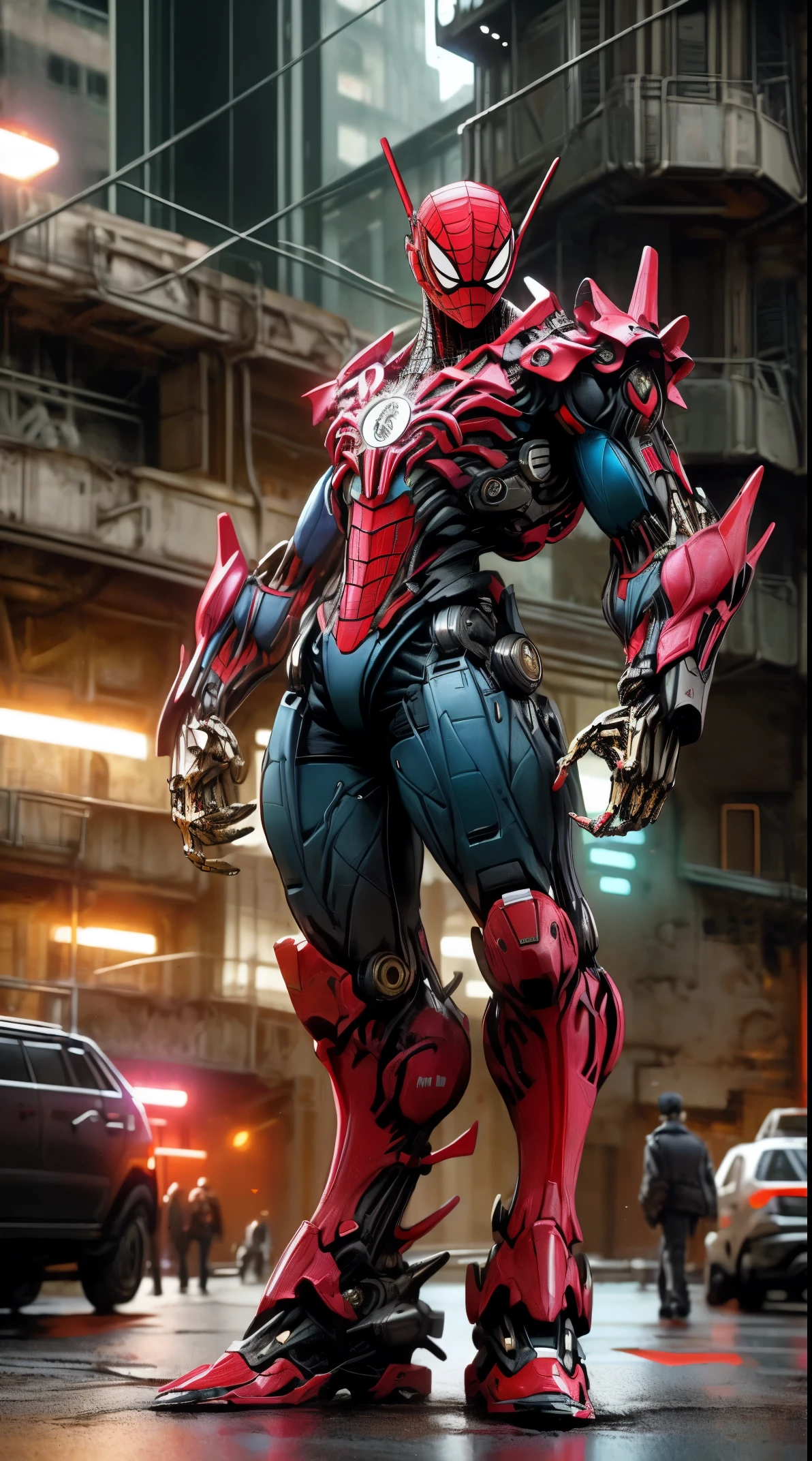 grim portrait of spiderman from Marvel, with intricately angled cybernetic implants inside a brutalist building, gothic brutalist cathedral, cyberpunk, award-winning photo, bokeh, neon lights, cybernetic limbs, full body