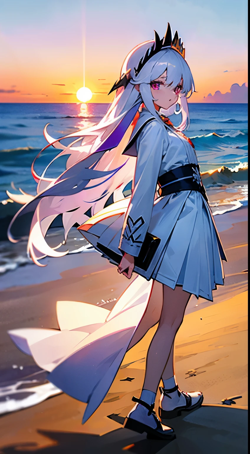 long white hair,Purple eye,White coat,White pleated skirt,Royal sister,sandbeach,beachside,the sunset,8K分辨率
