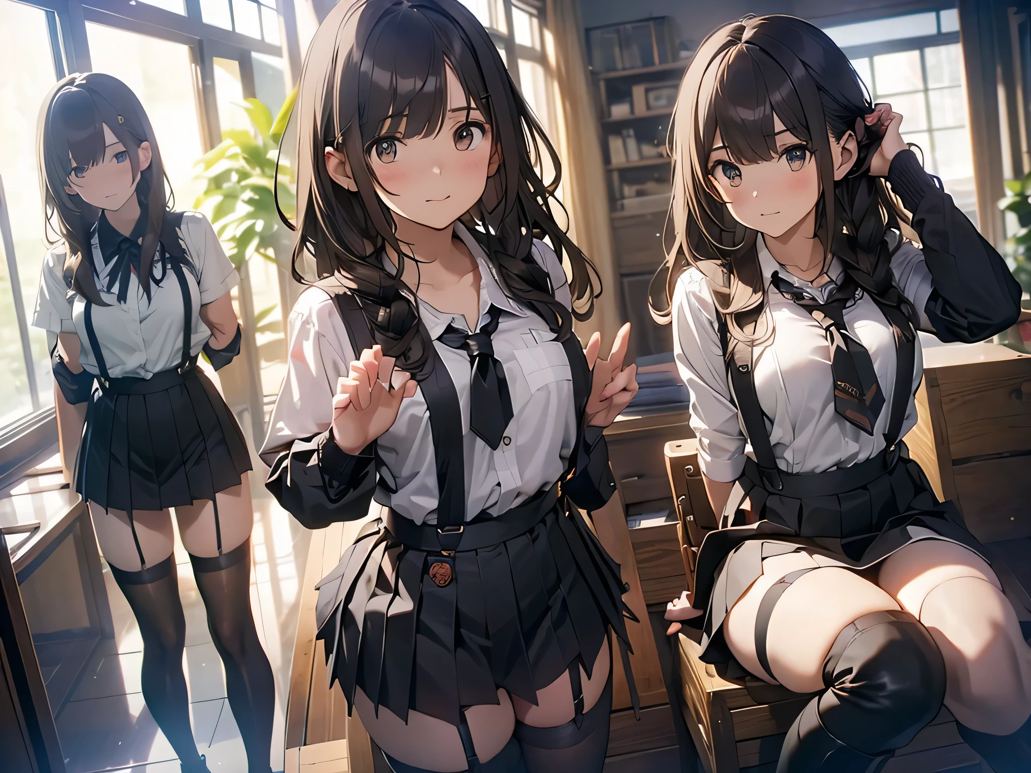 Brown hair、watching at viewers　　　black suspenders　　　bulging big tits　　 　 　　　walls: 　Black miniskirt　garters　　　　　　Gaze　　　a small face　bangss 　　　holster　　　Beautuful Women　　Hands up　　レッグholster ベッドに横たわる　　Gaze 　black boots panty shot　Provocation　flank　flank汗　Soio 　arms are