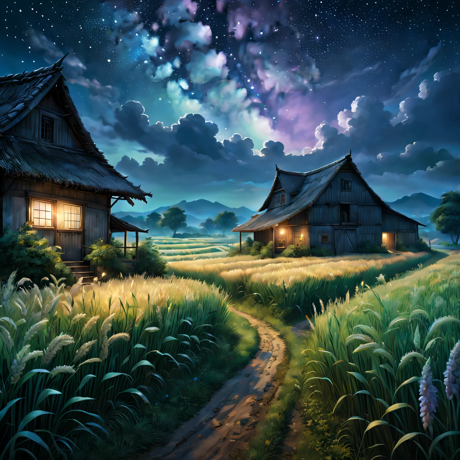 magnificent landscape painting，natta，Farm life，Girl scene with a flower in her hair，natural，Green house，Tano，cropper，Qianqian，abundance，Lavora，tools，Industrious farmer，abundance的水果和蔬菜，Farm animals eating grass with satisfaction，Picturesque countryside，peaceful，peaceful，satisfy，satisfy，moonlit sky，Grass swaying in the breeze，Stars twinkle overhead，Fireflies are flying around，Night wind whispers，peaceful而田园的环境，subtle bluish-purple hue，Subtle warm colors，Ethereal and dreamy atmosphere，A faint floral scent，Farmland stretches into the distance，Wheat fields swaying gently，night adventure，Magical and charming atmosphere。(Best quality at best,4K,8K,A high resolution,tmasterpiece:1.2),ultra - detailed,(actual,photoactual,photo-actual:1.37),