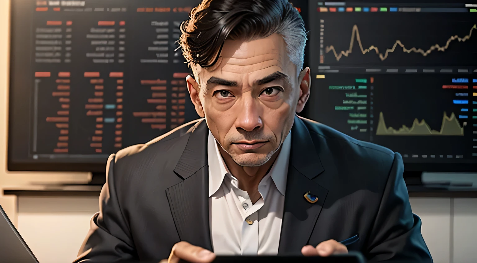 a businessman named samuel, ambitious, white american face, 59age、Looking at a computer screen, with investment chart