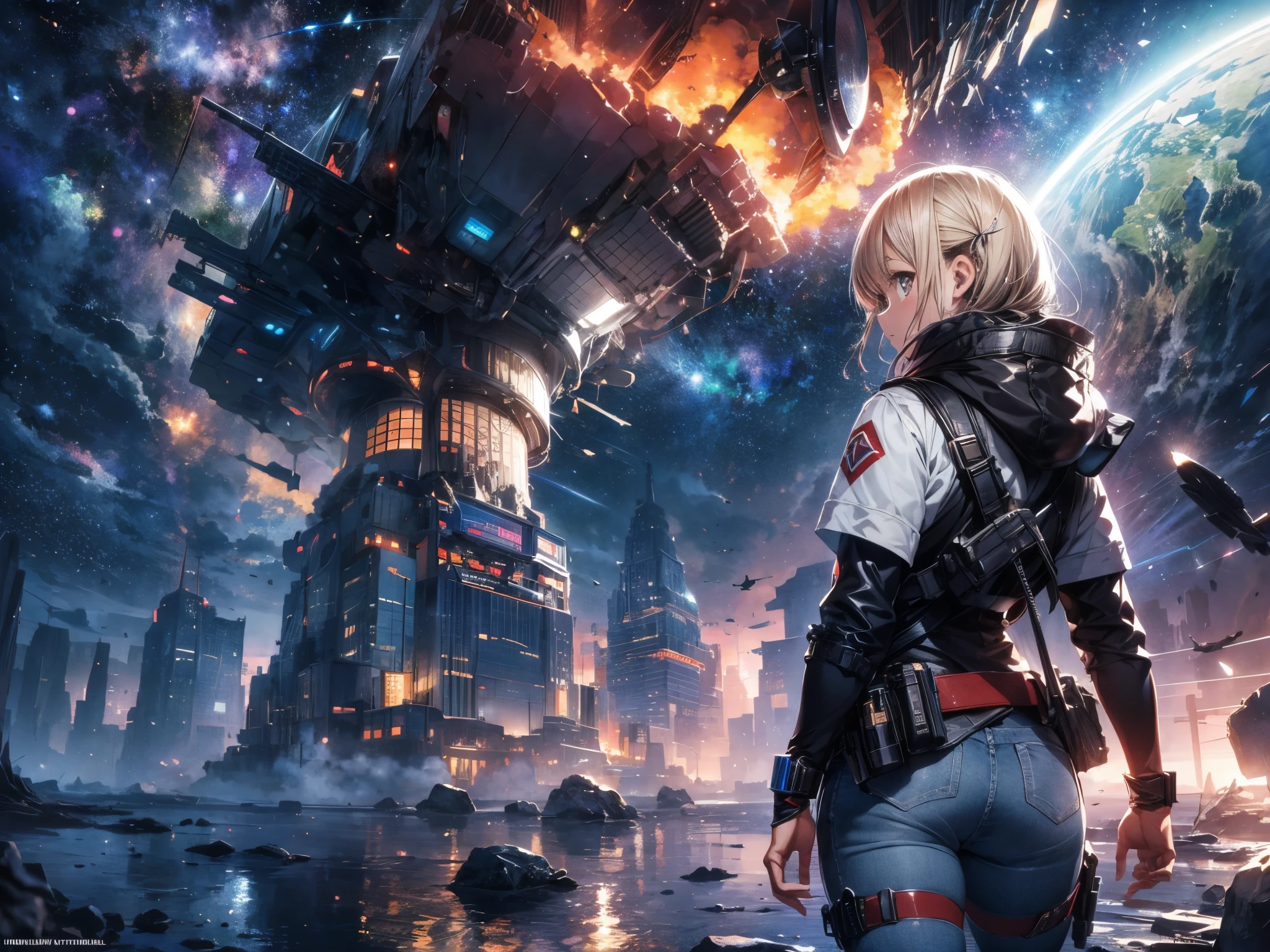 Draw a young female programmer, standing on a research platform floating in the middle of an asteroid belt, turn her back on viewers , from behind,surrounded by several asteroids glowing with fiery auras BREAK Dramatic lighting from distant stars and planets illuminates the scene, casting deep shadows on the suit, looking at the vast and mysterious universe with wonder and respect,BREAK,Detailed,Realistic,4k highly detailed digital art,octane render, bioluminescent, BREAK 8K resolution concept art, realism,by Mappa studios,masterpiece,best quality,official art,illustration,ligne claire,(cool_color),perfect composition,absurdres, fantasy,focused,rule of thirds