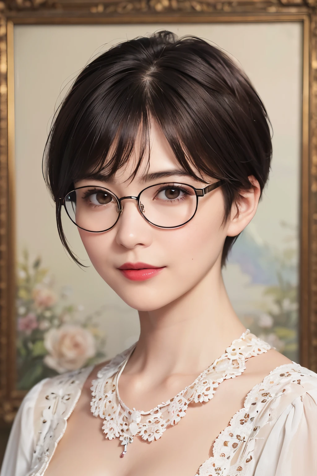 138
(a 20 yo woman,draw a self-portrait), (A hyper-realistic), (high-level image quality), ((beautiful hairstyle 46)), ((short-hair:1.46)), (Gentle smile), (breasted:1.46), (lipsticks), (wears glasses,wide,a room), (florals), (an oil painting、Rembrandt)