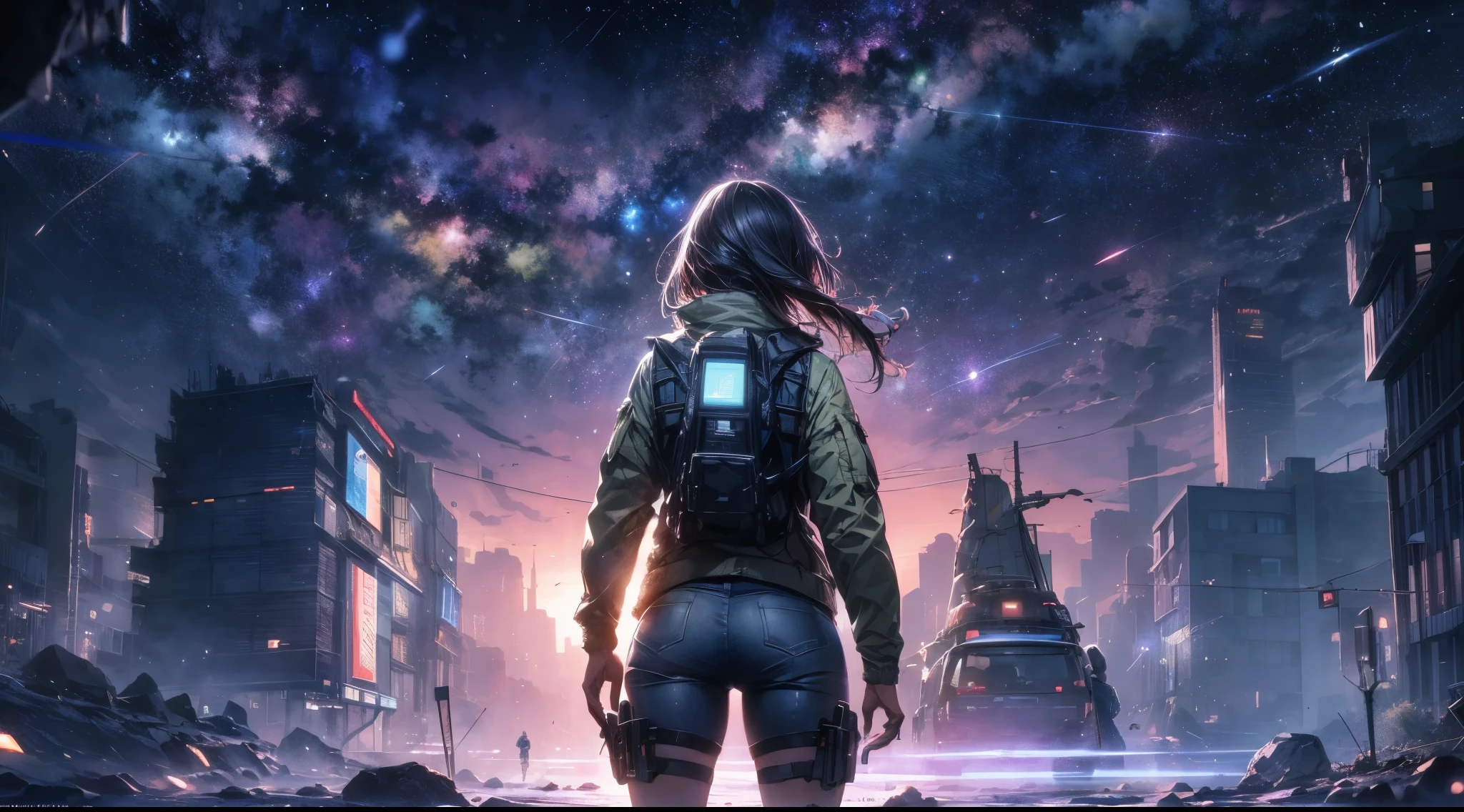 Draw a young female programmer, standing on a research platform floating in the middle of an asteroid belt, turn her back on viewers , from behind,surrounded by several asteroids glowing with fiery auras BREAK Dramatic lighting from distant stars and planets illuminates the scene, casting deep shadows on the suit, looking at the vast and mysterious universe with wonder and respect,BREAK,Detailed,Realistic,4k highly detailed digital art,octane render, bioluminescent, BREAK 8K resolution concept art, realism,by Mappa studios,masterpiece,best quality,official art,illustration,ligne claire,(cool_color),perfect composition,absurdres, fantasy,focused,rule of thirds