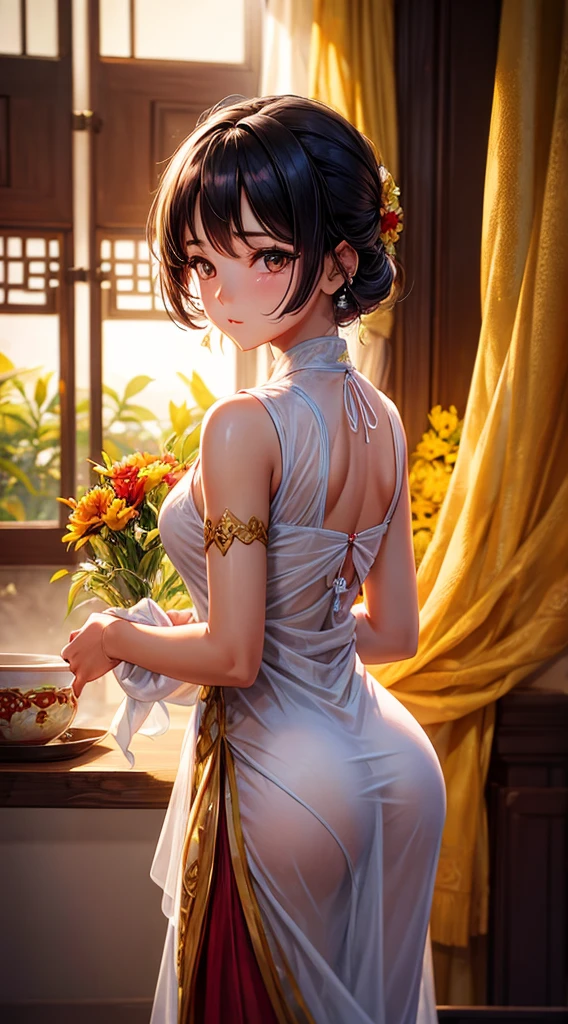 Myanmar girl big ass Myanmar dress flowers depict very detailed, Soft lighting glow effect, Cinematic Look, Beautiful hair