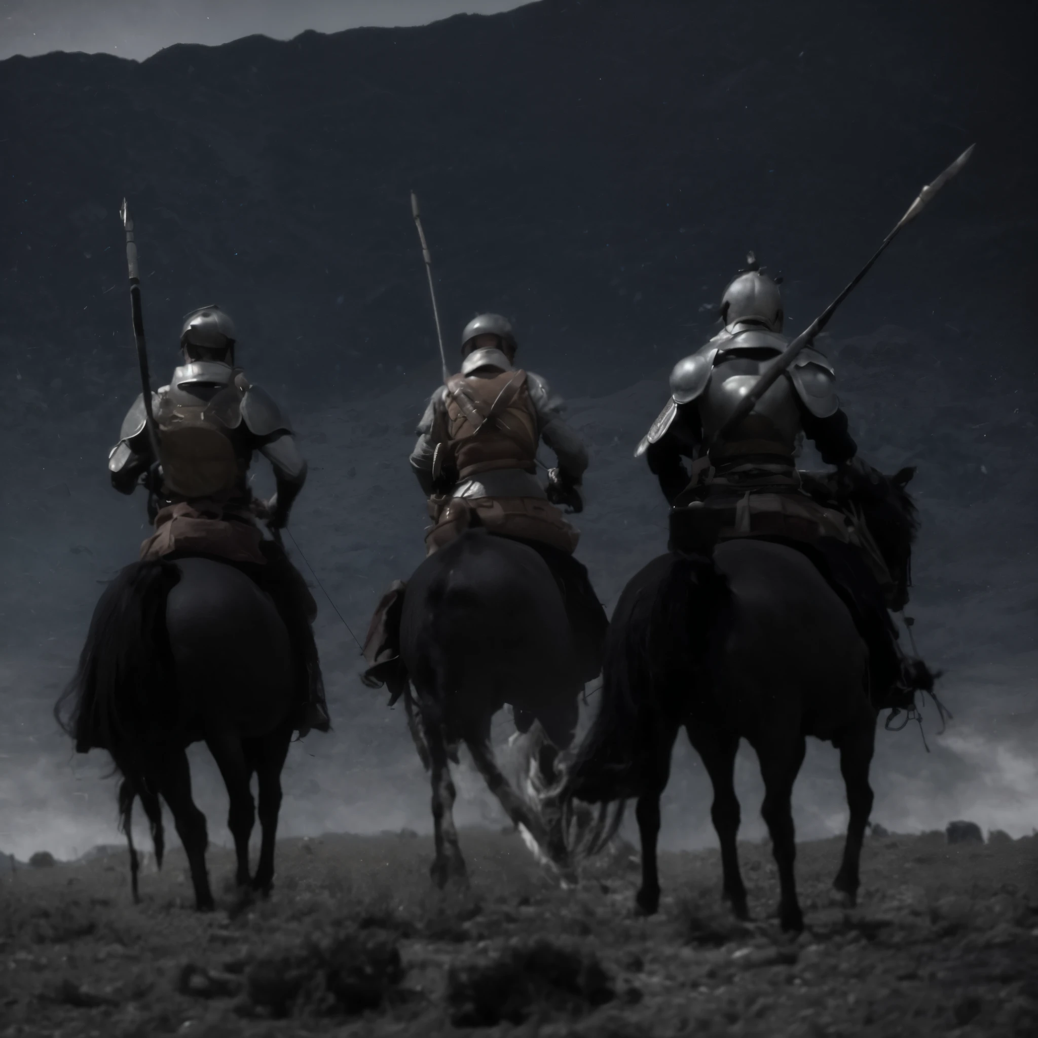 Distant shot, overhead shot, wide shot, thunderstorm, group of merchants, back view, barren soil, rocks, rugged, sparse weeds, mountains, over hills, rugged mountains, horseback riding, medieval, accompanied by warriors in armour, black armour, torrential downpour, overcast weather, overcast light, overcast scene, nighttime