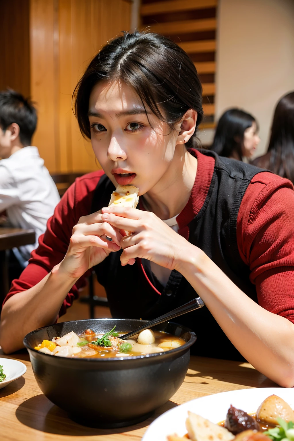 Handsome guy eating in restaurant hot pot restaurant