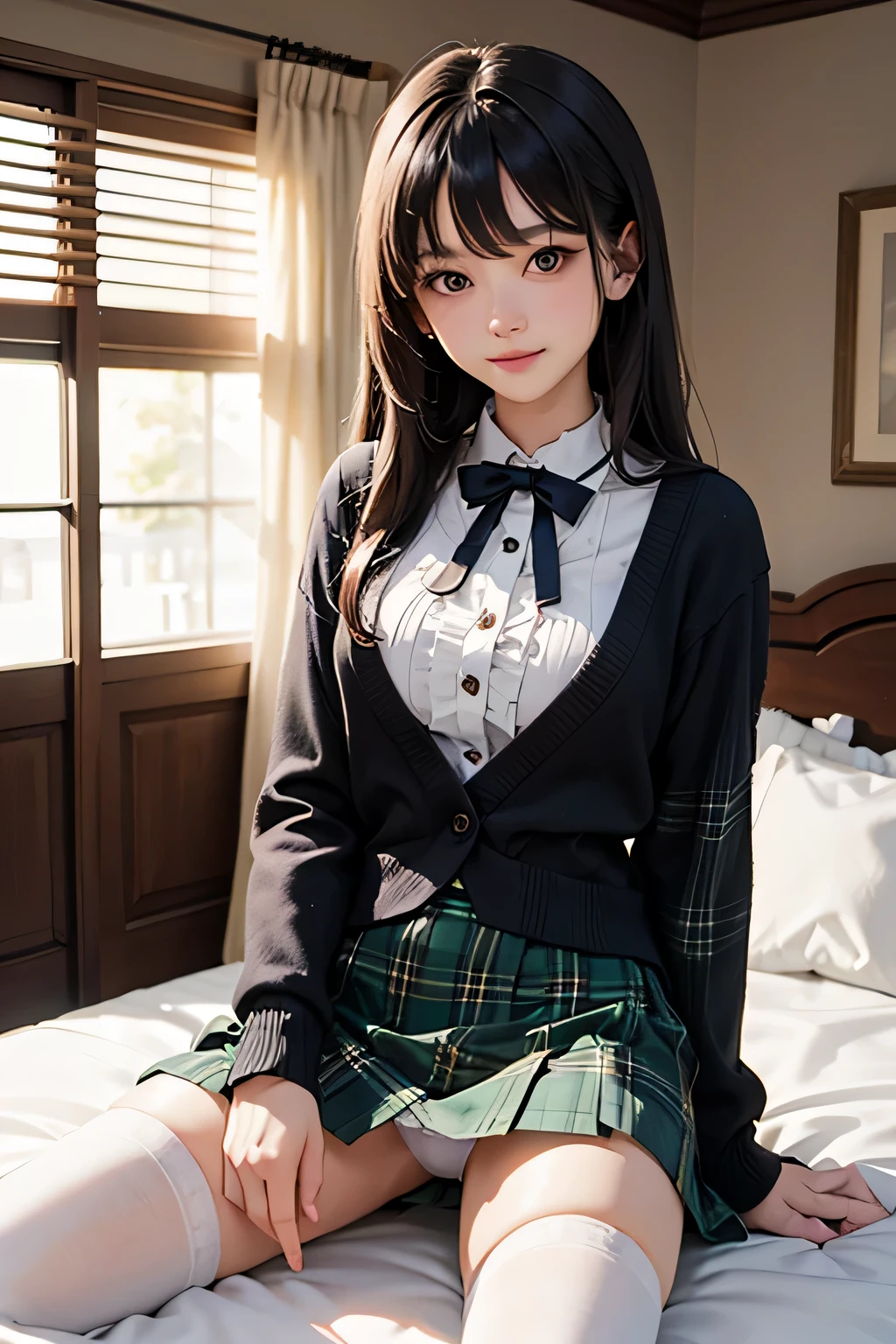 Very cute and beautiful girl,(very detailed beautiful face and eyes:1.2),(Smile:1.2),Cowboy Shot, (white blouse with small frills),Long sleeve BREAK sitting on white bed sheets,Spread legs,White panties,zettai ryouiki, Dynamic Angle,Hair Ribbon,Black hair,hime-cut,(scarlet plaid miniskirt) BREAK antique bedroom,plush furnishings, (Best Quality,masutepiece:1.2),(Intricate details),Extremely detailed,hight resolution, Solo,Cinematic scene,Hair fluttering in the wind,