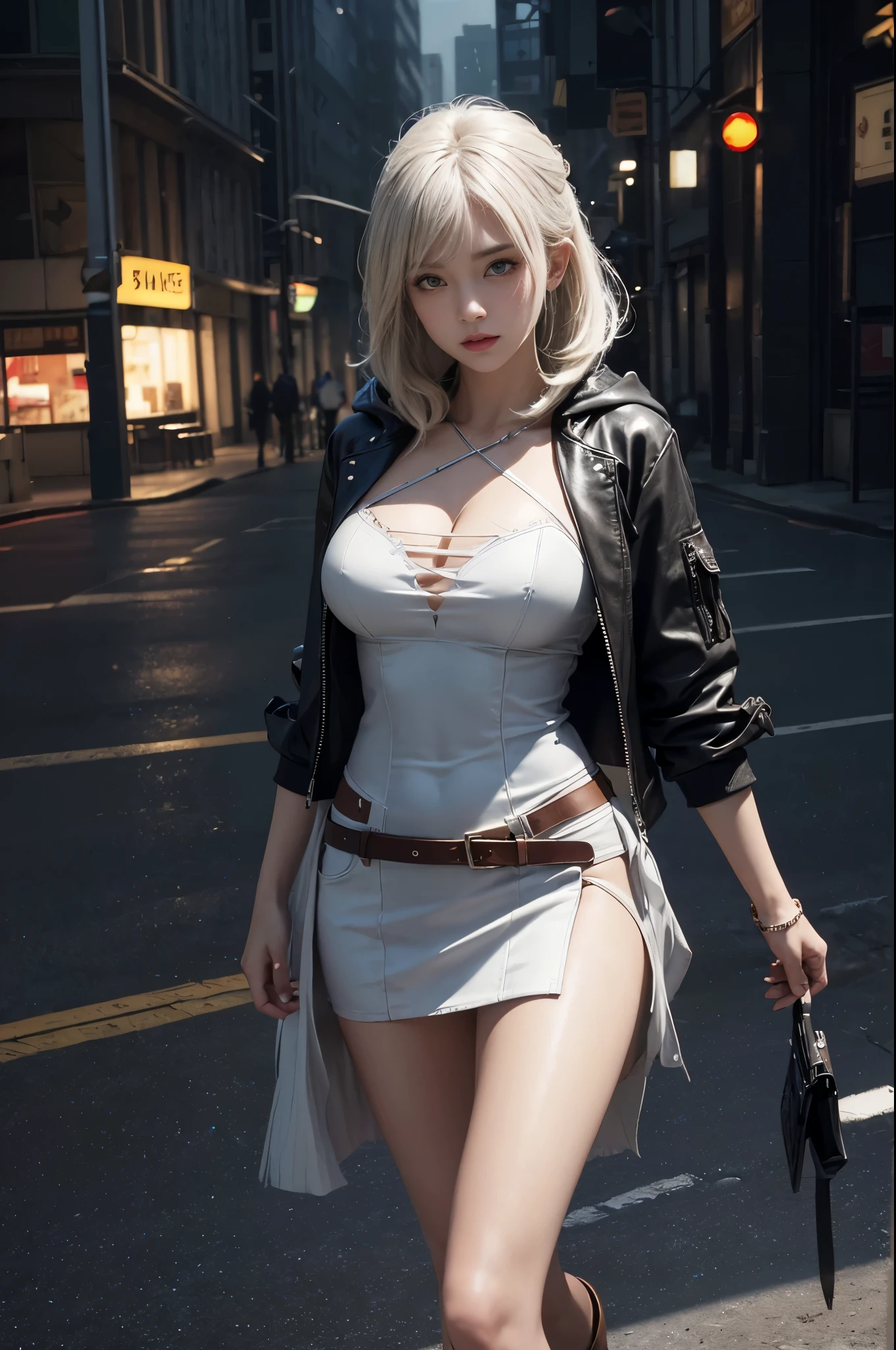 ((Best quality at best)), ((tmasterpiece)), (the detail:1.4), 3D, images of beautiful cyberpunk women,HighDynamicRange(HighDynamicRange),Ray traching,NVIDIA RTX,Hyper-Resolution,Unreal 5,sub surface scattering、PBR textures、post-proces、Anisotropy Filtering、depth of fields、maximum definition and sharpness、Many-Layer Textures、Albedo e mapas Speculares、Surface Coloring、Accurately simulate the interaction of light with materials、proporções perfeitas、Rendered by Octane、Dichroic light、largeaperture、Low ISO、White balance、the rule of thirds、8K raw data、1 Sister,doomsday seaside city,looking at the viewer only,Full body lesbian;1.5,floated hair,Lingerie with a slinger,Superskirt,open frayed hooded leather jacket,
