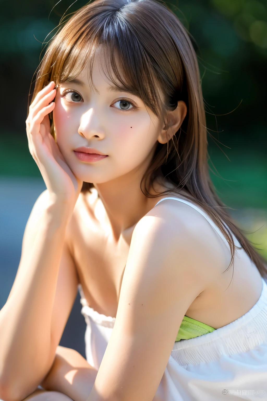 (Raw photo, Best Quality),(Realistic, photo-Realistic:1.3), masutepiece, extremely delicate and beautiful, Extremely detailed, nffsw, Unity , 2k wallpaper, amazing, finely detail, ssmile, Extremely detailed nffsw Unity 8k wallpaper, huge filesize, Ultra-detailed, hight resolution, absurderes, Soft light, bob cuts, short bang, Brown hair, Floating Hair NovaFrogStyle, Beautiful detailed girl, Detailed fingers, Extremely detailed eyes and face, beautiful detailed nose, Beautiful detailed eyes, long eyelashes, Light on Face, Looking at Viewer, 1girl in, Cute, 年轻, Looking at the camera, Mature Face, Full body, Big breasts, Realistic face, Realistic body, beautiful detailed thigh, ulzzang -6500-v1.1, lola:koreanDollLikenesss_v15, The costume: T-shirt, Brown eyes
