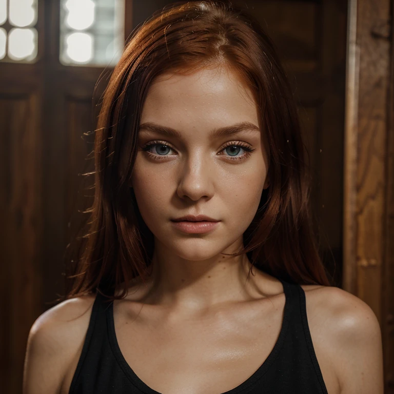 Caucasian red hair middle 20 years girl, fit, staring at the viewer, realistic wearing black short dress somewhere in eastern europe sexy , glowing hazel greenish eyes, intense, solodramatic lightinasterpiece:1.2), best quality, high resolution, beautiful detailed, extremely detailed, perfect lighting