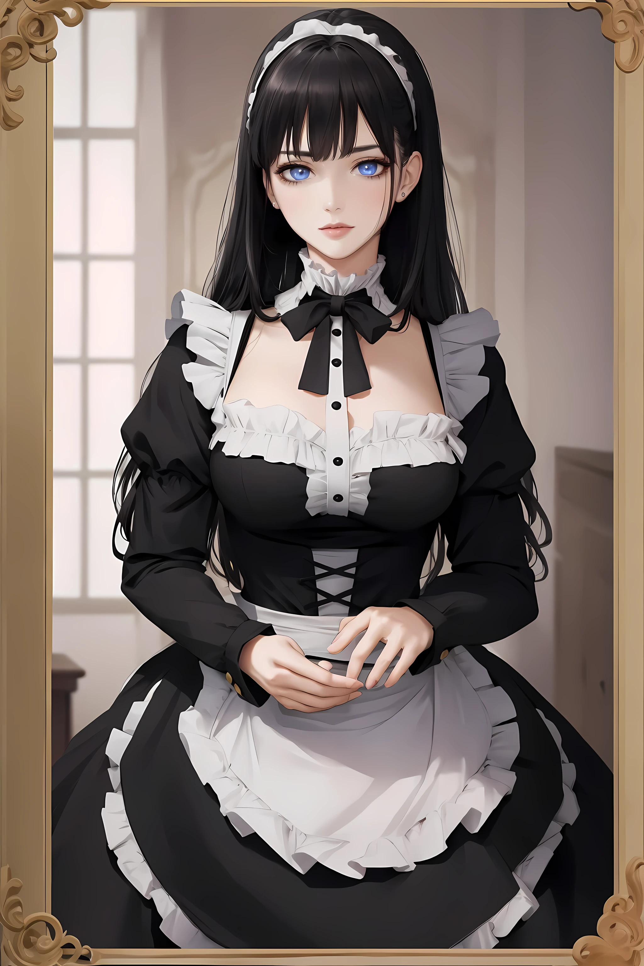 (Best quality at best,A high resolution),victorian maid in black maid outfit, Vibrant and charming eyes, pale-skinned, (dark hair color), shallowdepthoffield, hight contrast, full bloom, colors variation, Focus sharp, Shoot with a mirrorless camera