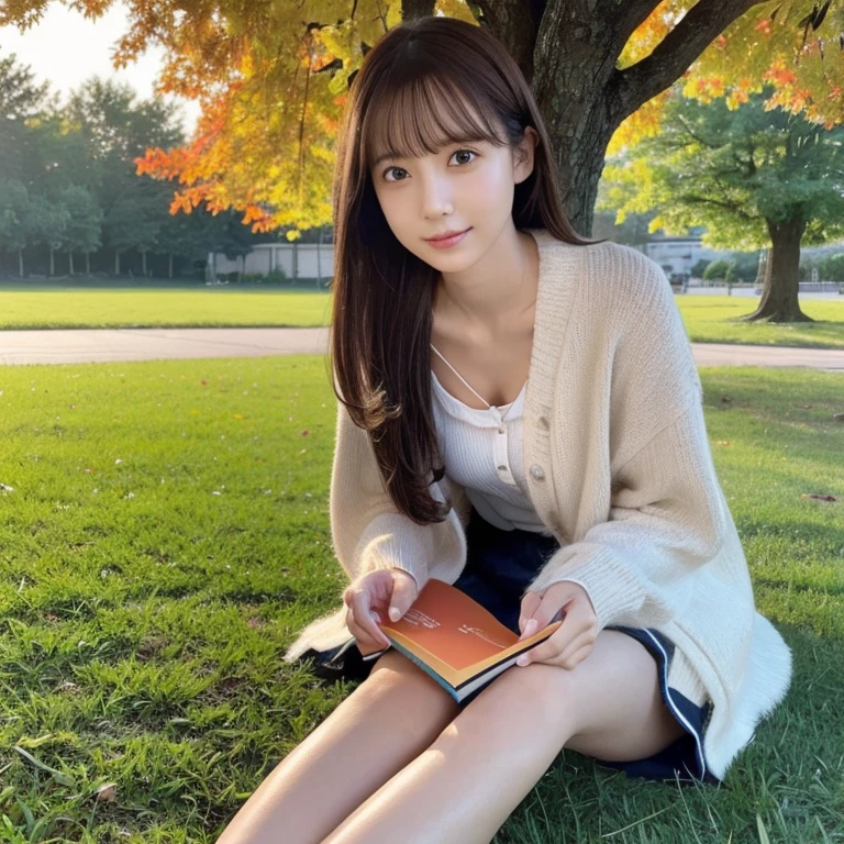8K分辨率、Ultra-high-definition CG images、1girl in, japanaese girl, (Sitting on the grass leaning against a tree, Reading a book, Knees together, Feet apart, up skirt, Exposed , (hairy:1.1), (Pubic hair:1.1), (view from front, low angles), Onepiece, Detailed, morning, Sunrise, High resolution, ultra-quality, Super masterpiece, Colored leaves,