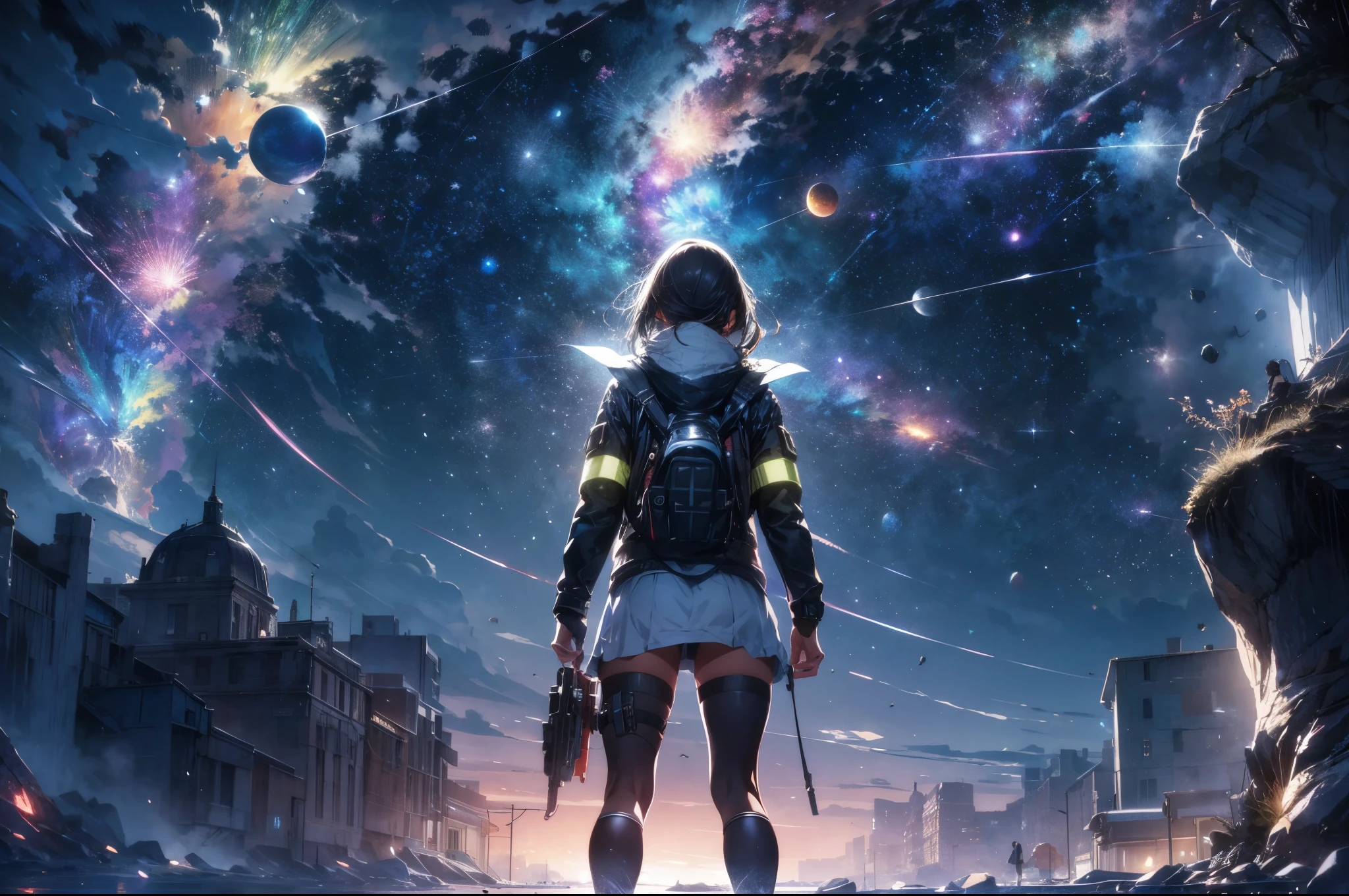 Draw a young female programmer, standing on a research platform floating in the middle of an asteroid belt, turn her back on viewers , from behind,surrounded by several asteroids glowing with fiery auras BREAK Dramatic lighting from distant stars and planets illuminates the scene, casting deep shadows on the suit, looking at the vast and mysterious universe with wonder and respect,BREAK,Detailed,Realistic,4k highly detailed digital art,octane render, bioluminescent, BREAK 8K resolution concept art, realism,by Mappa studios,masterpiece,best quality,official art,illustration,ligne claire,(cool_color),perfect composition,absurdres, fantasy,focused,rule of thirds