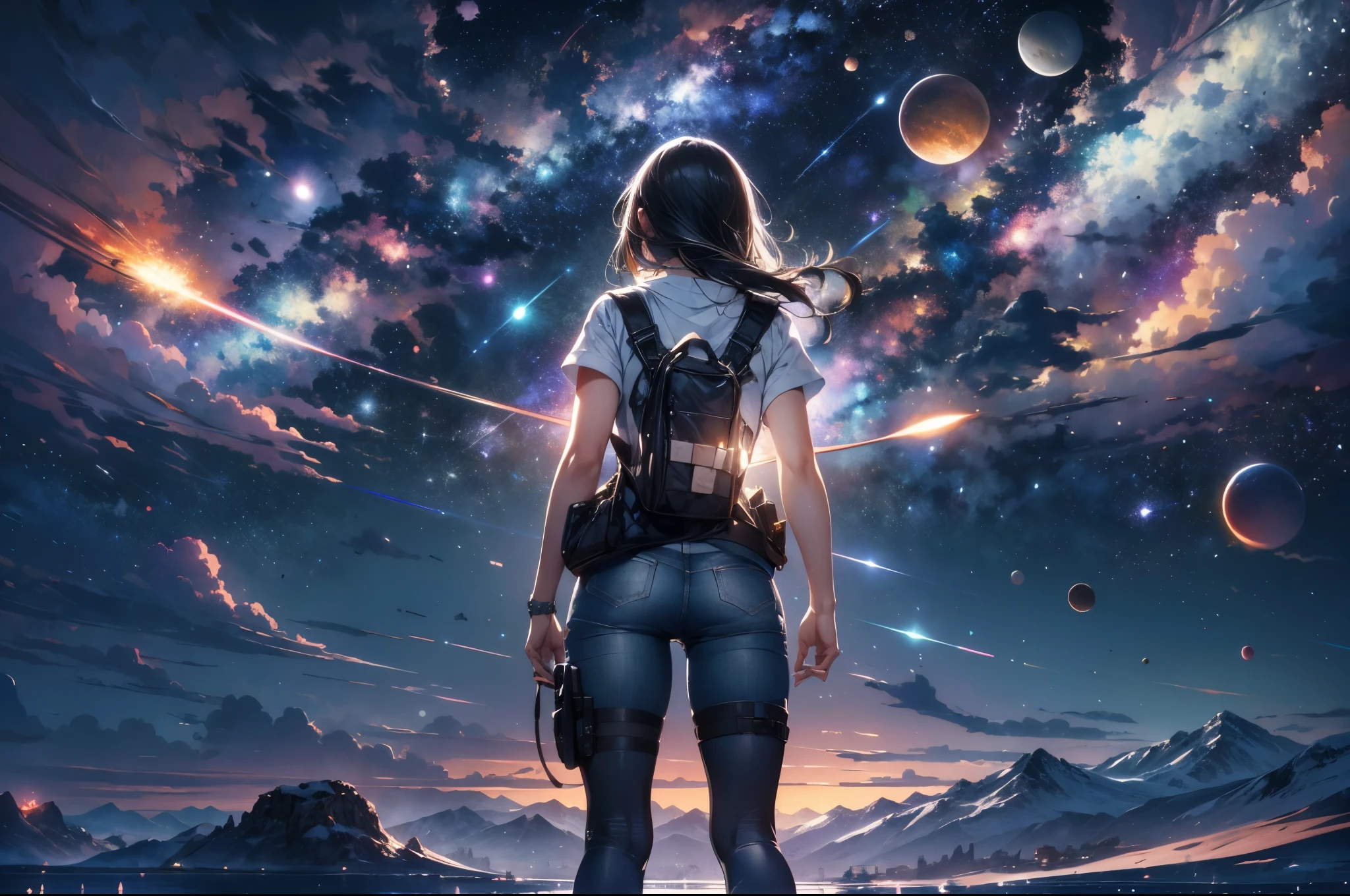 Draw a young female programmer, standing on a research platform floating in the middle of an asteroid belt, turn her back on viewers , from behind,surrounded by several asteroids glowing with fiery auras BREAK Dramatic lighting from distant stars and planets illuminates the scene, casting deep shadows on the suit, looking at the vast and mysterious universe with wonder and respect,BREAK,Detailed,Realistic,4k highly detailed digital art,octane render, bioluminescent, BREAK 8K resolution concept art, realism,by Mappa studios,masterpiece,best quality,official art,illustration,ligne claire,(cool_color),perfect composition,absurdres, fantasy,focused,rule of thirds