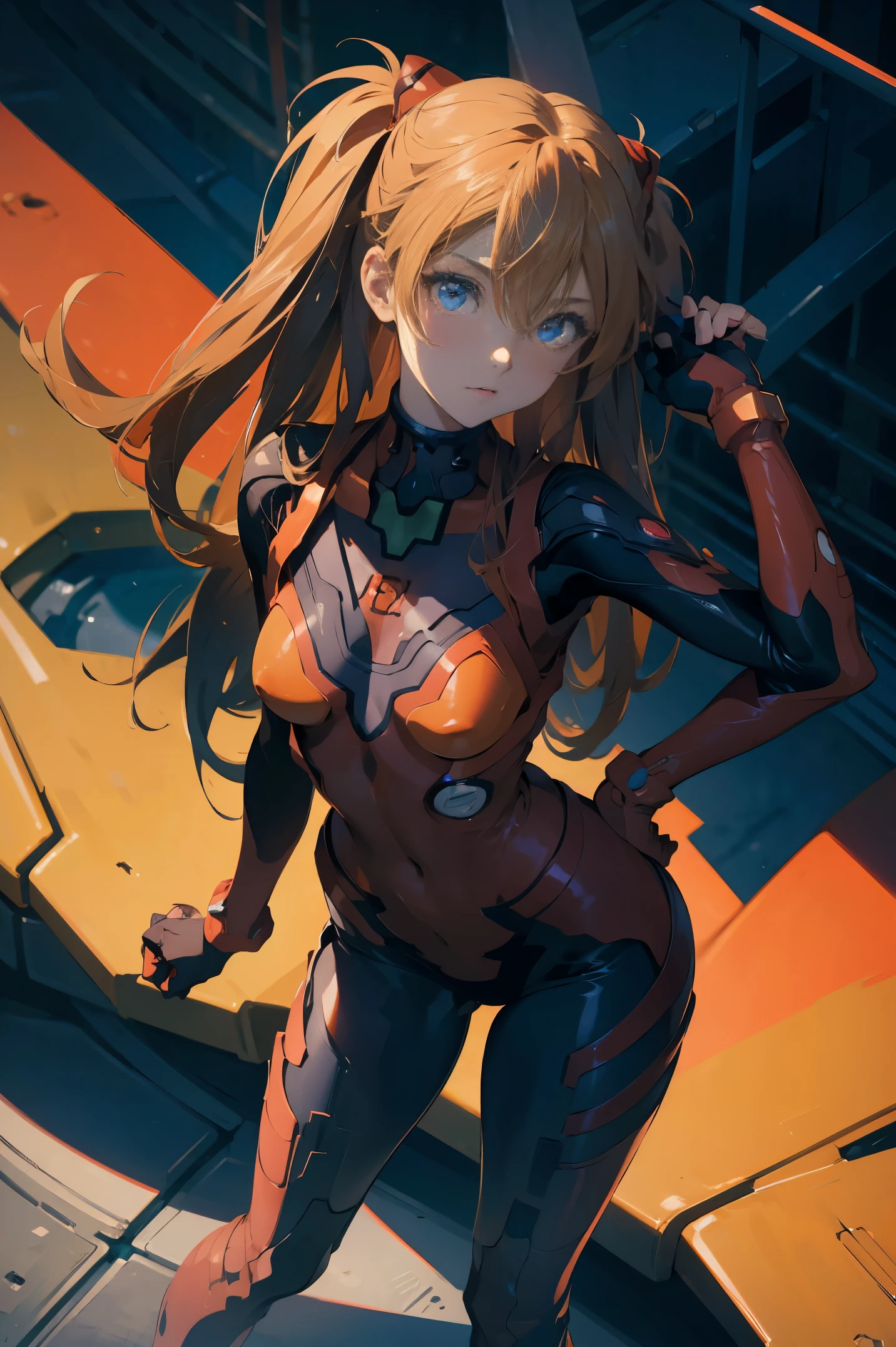(masterpiece), best quality, expressive eyes, perfect face, 1girl, solo, souryuu asuka langley, interface headset, red bodysuit, hands on waist, standing, hand raised, pointed at the viewer, laboratory background, portrait, looking at the viewer, from above