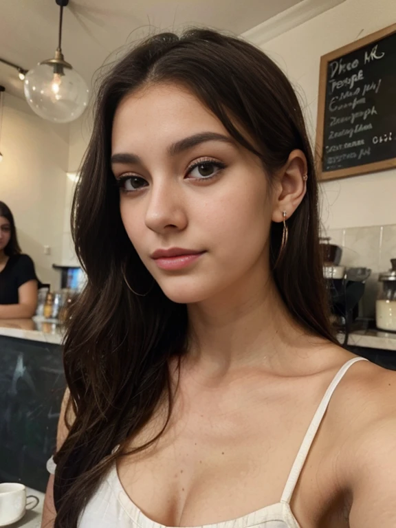 Photo of a 20 year old brunette woman, that has a very natural face, thin lips, thin eyes, thin eyebrows, thin nose, earrings, long eyelashes. She makes a cute selfie in a cafe