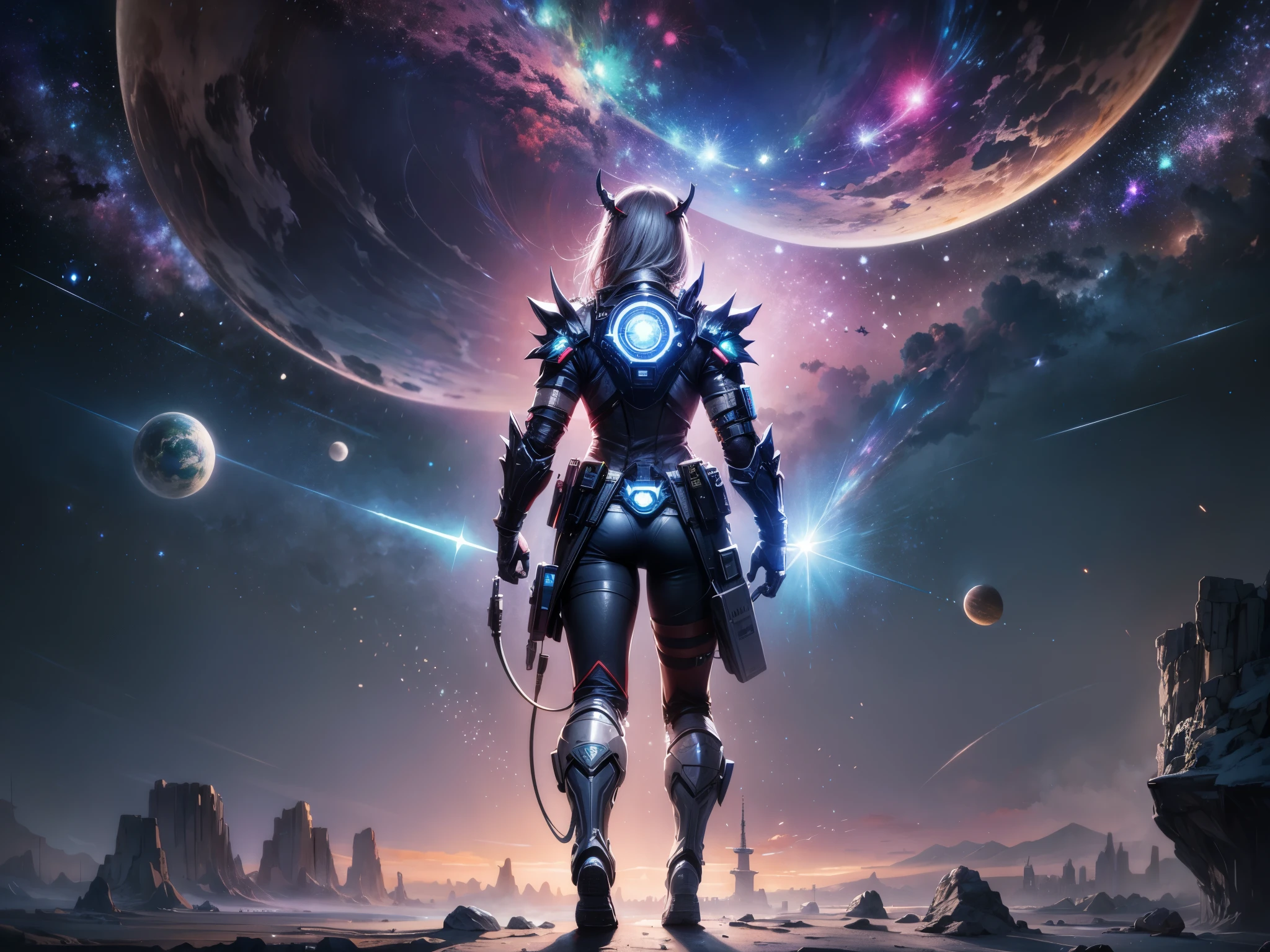 Draw a young female programmer, standing on a research platform floating in the middle of an asteroid belt, turn her back on viewers , from behind,surrounded by several asteroids glowing with fiery auras BREAK Dramatic lighting from distant stars and planets illuminates the scene, casting deep shadows on the suit, looking at the vast and mysterious universe with wonder and respect,BREAK,Detailed,Realistic,4k highly detailed digital art,octane render, bioluminescent, BREAK 8K resolution concept art, realism,by Mappa studios,masterpiece,best quality,official art,illustration,ligne claire,(cool_color),perfect composition,absurdres, fantasy,focused,rule of thirds