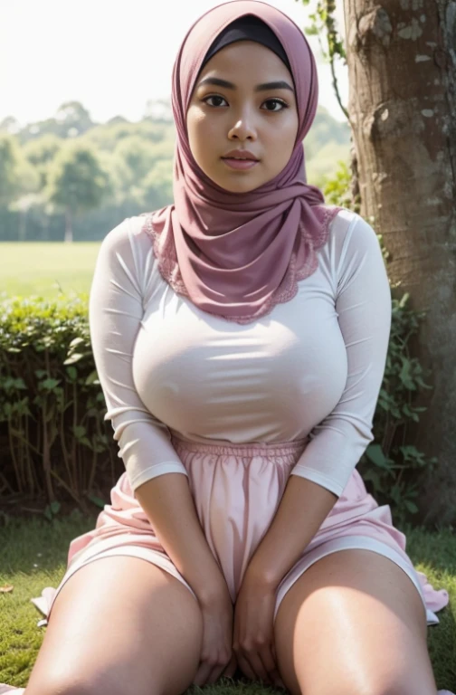 1 malay girl , modern plain hijab, shy, medium portrait shot , watery eyes ,lip watery, lip glossy, ((big breast)), Wearing a wide V-neck dress with lace, pink blous, The dress covered her curvaceous figure perfectly, highlighting her seductive silhouette, no underwear, shy, medium portrait shot , watery eyes, ((big thighs)), proportional body, (pose:Sitting on the grass, facing the camera and opening her thighs to reveal her pussy, (up skirt:1.6), (exposed Pubic hair:1.2), (hairy:1), (show pussy:0.8), (view from front, low angles), Onepiece, Detailed, morning, Sunrise, High resolution, ultra-quality, Super masterpiece, Colored leaves, ultra detail