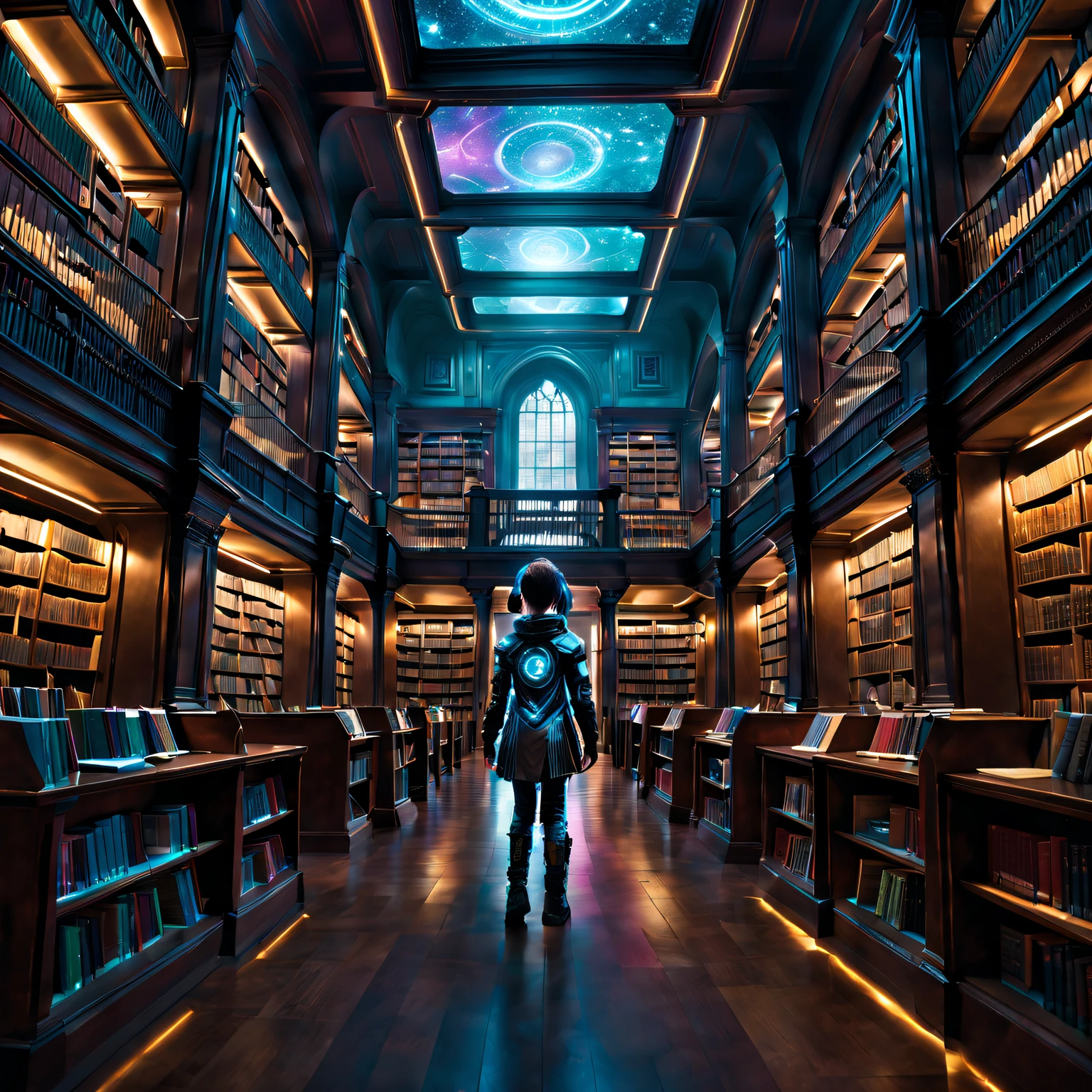 Towering bookshelves filled with books. The library is bathed in warmth, softlighting, Create a comfortable and warm atmosphere. Cyberpunk ??? wearing futuristic clothes, neon lights accentuate their outfits. as they explore endless books,Their eyes sparkled with curiosity, Their fingers slide along the spine of the book. The child's face is illuminated by the soft glow of a holographic display floating above a nearby table, Show a virtual book. as they walk through the library, They can see holographic projections of ancient manuscripts and futuristic interfaces floating in the air. The air was filled with the sound of turning pages and whispered conversations., Create an atmosphere of knowledge and discovery. The library is decorated with beautiful artwork, statues, and intricate carvings add to its grandeur. The scene's color palette is a mix of dark blues, purpleish color, and vibrant neon lights, Create a sense of the future、a vibrant atmosphere. lighting in the library combines natural light from large windows with strategically placed artificial lights,to highlight specific areas. The air is filled with the faint aroma of old books, Increase the immersive experience. The library is well organized, Each book category is labeled and cataloged, Anyone can easily find the reading material they want. The child's presence in the library represents the fusion of past and future, Showing love for traditional knowledge in a technology-driven world. This tip is designed to produce highly detailed and realistic images,Capturing the essence of the library of the future, The fusion of cyberpunk elements and classical aesthetics.