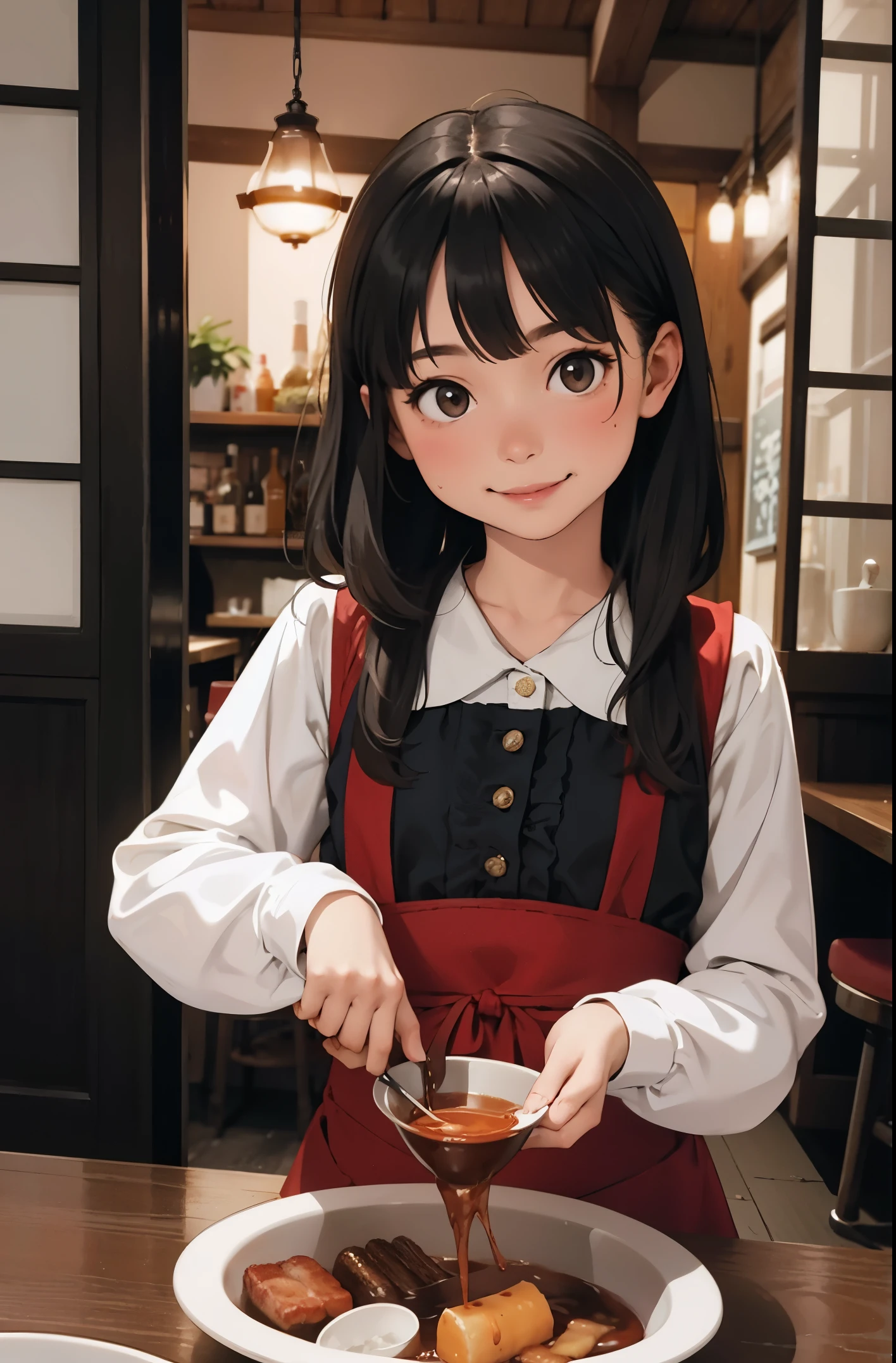 Perfect picture,,{girl in kappo clothes}{restaurant,historic store}(surround the pot){Beautiful }{hedonism},{dining,Oden}, girl,4K picture quality, Cinematic,,{Gamine},{small body and chest,,,,,,} Longhaire,A dark-haired,cute expression,face perfect,｛girl showing a smile｝