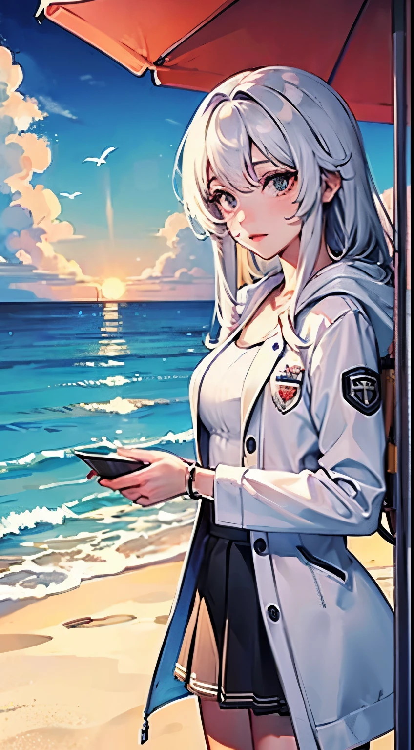 long white hair,Purple eye,White coat,White pleated skirt,Royal sister,sandbeach,beachside,the sunset,8K分辨率