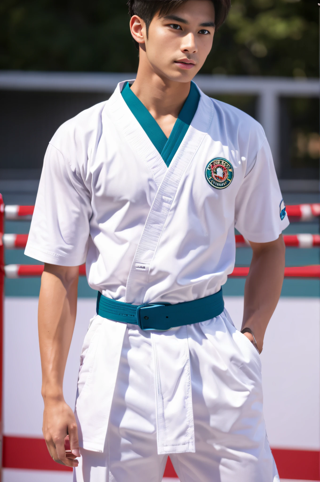 a picture, a handsome, 8k full body portrait of a man, Charming sweet look, Move ki, shorth hair, musculature, clong legs, musculatureの足,, bare-legged, 詳細なmusculatureの体格, a picture, (masterpiece, top-quality, top-quality, Official art), Stick out your fist, Large and dynamic movements, Photorealistic depiction,20yr old, Toned waist, White Karate Uniform, Karate Belt, White karate pants, Accurate depiction of details, Perfect skeleton, Look straight at your audience, sharp gaze